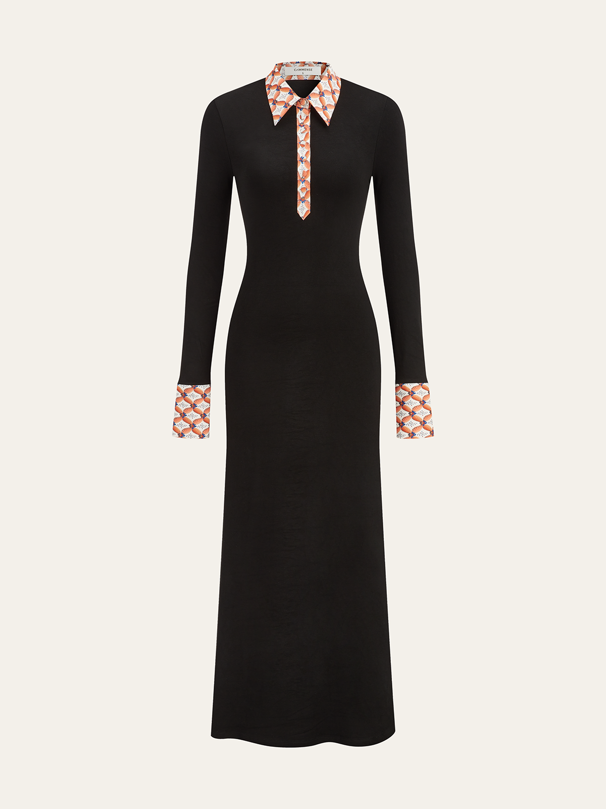 Print Trim Shirt Collar Maxi Dress for Women Elegant Long Sleeve