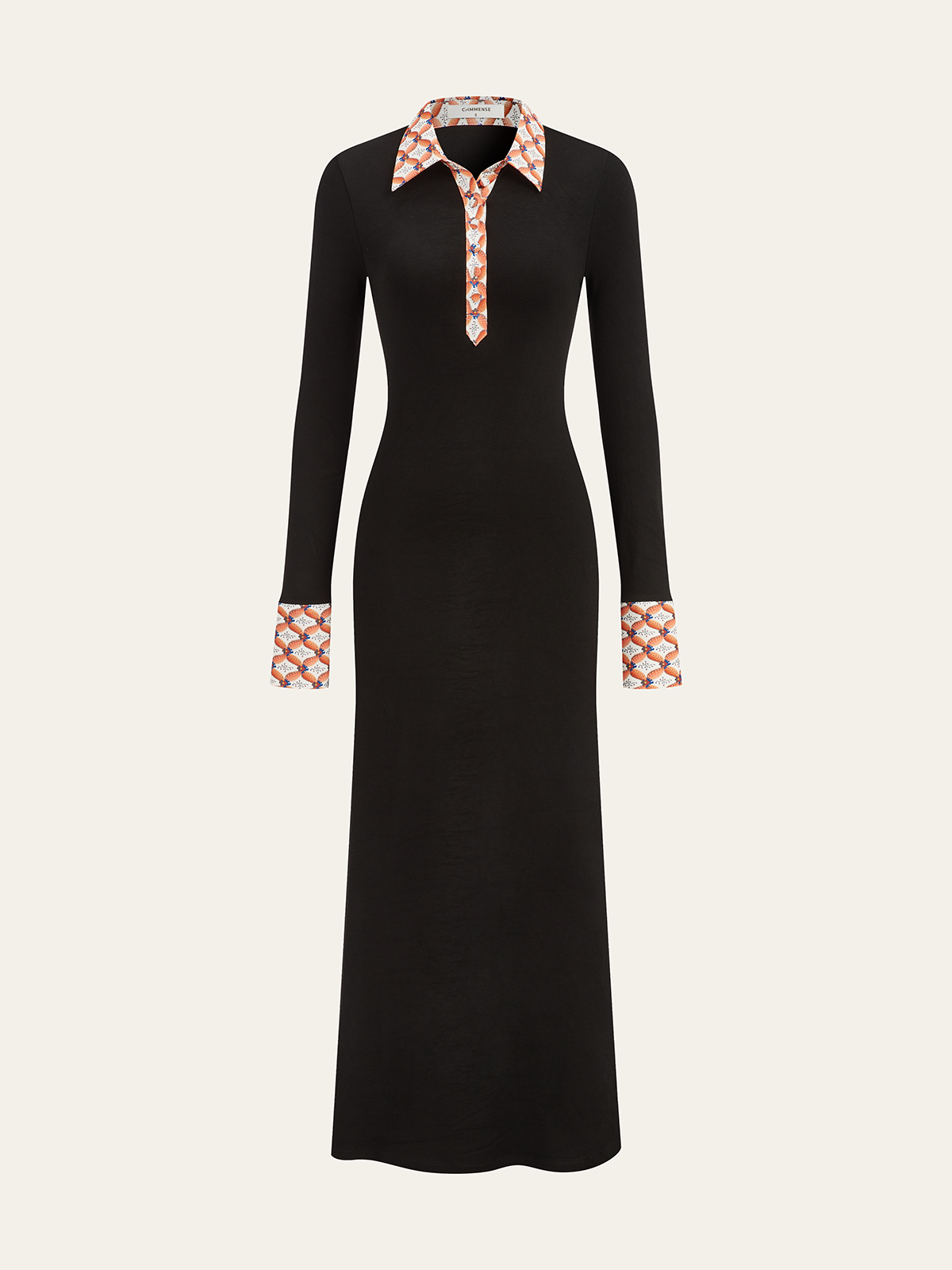 Print Trim Shirt Collar Maxi Dress for Women Elegant Long Sleeve