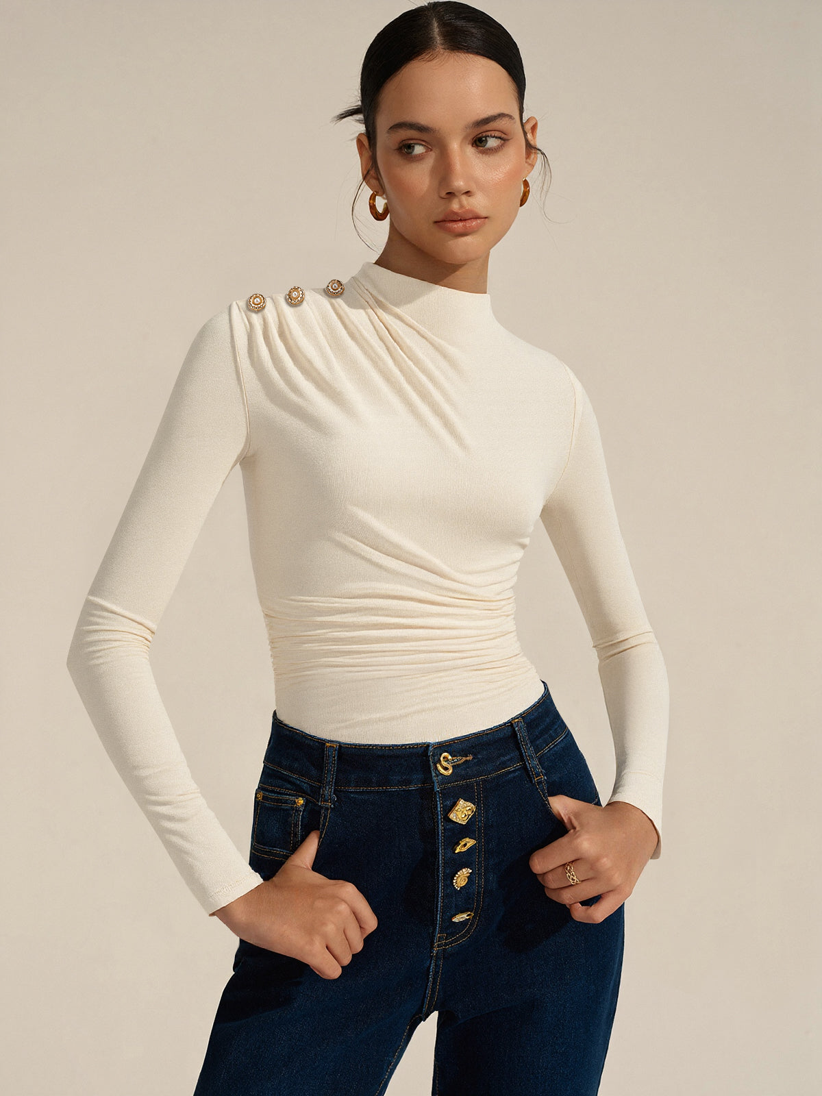 Ruched Shoulder-Decor Long Sleeve Bodysuit Trendy Women's Fashion Essentials