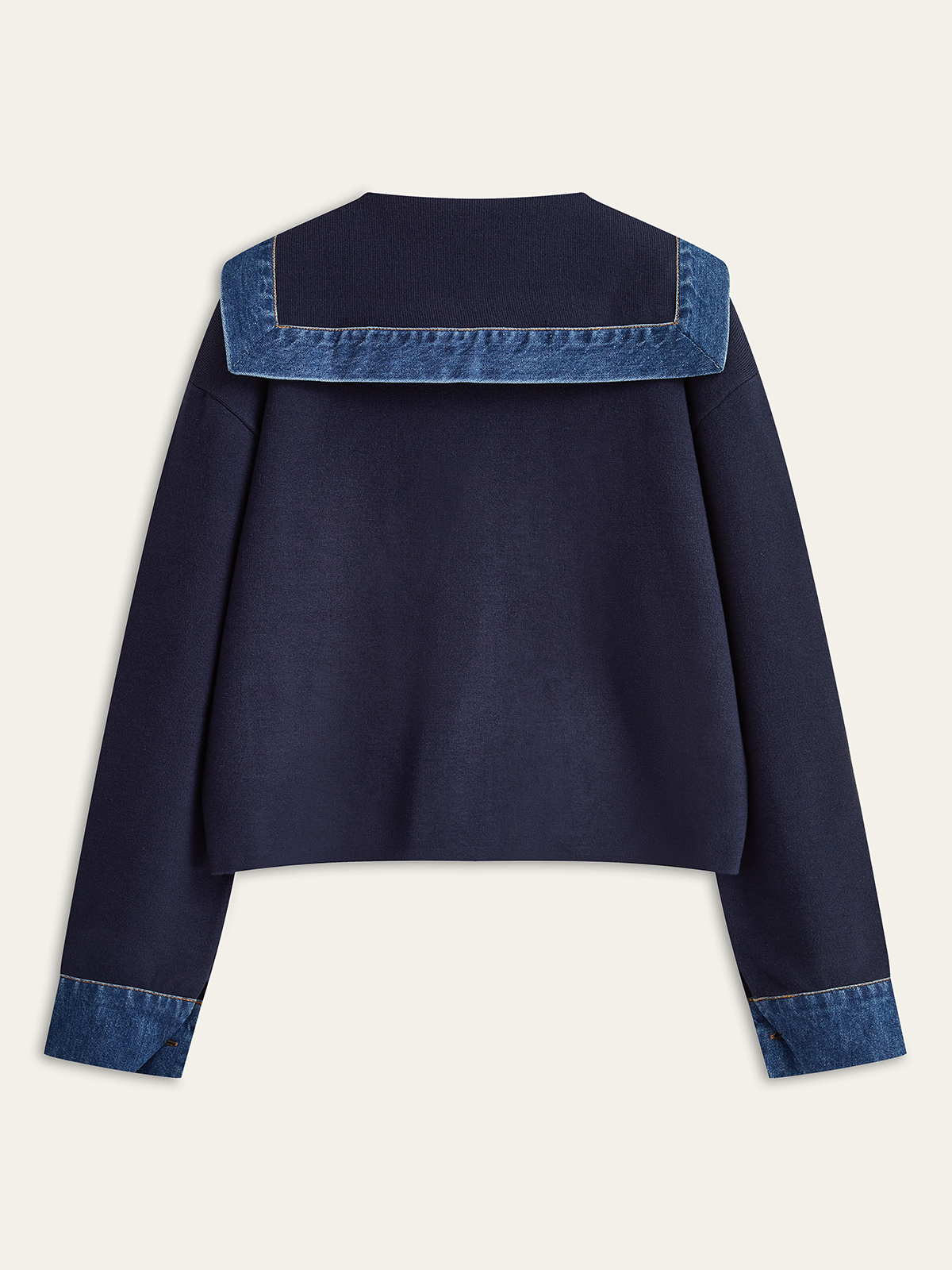Sailor Collar Denim Trim Knit Outerwear for Women Casual Style