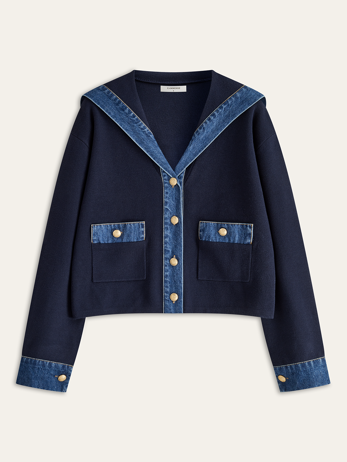 Sailor Collar Denim Trim Knit Outerwear for Women Casual Style