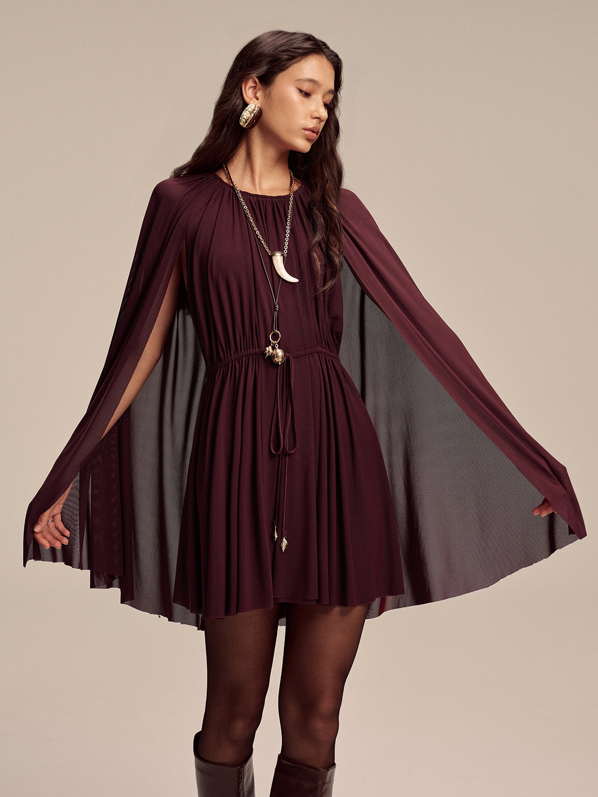 Mesh Cape Sleeve Tie-Waist Mini Dress with Elegant V-Neck Design