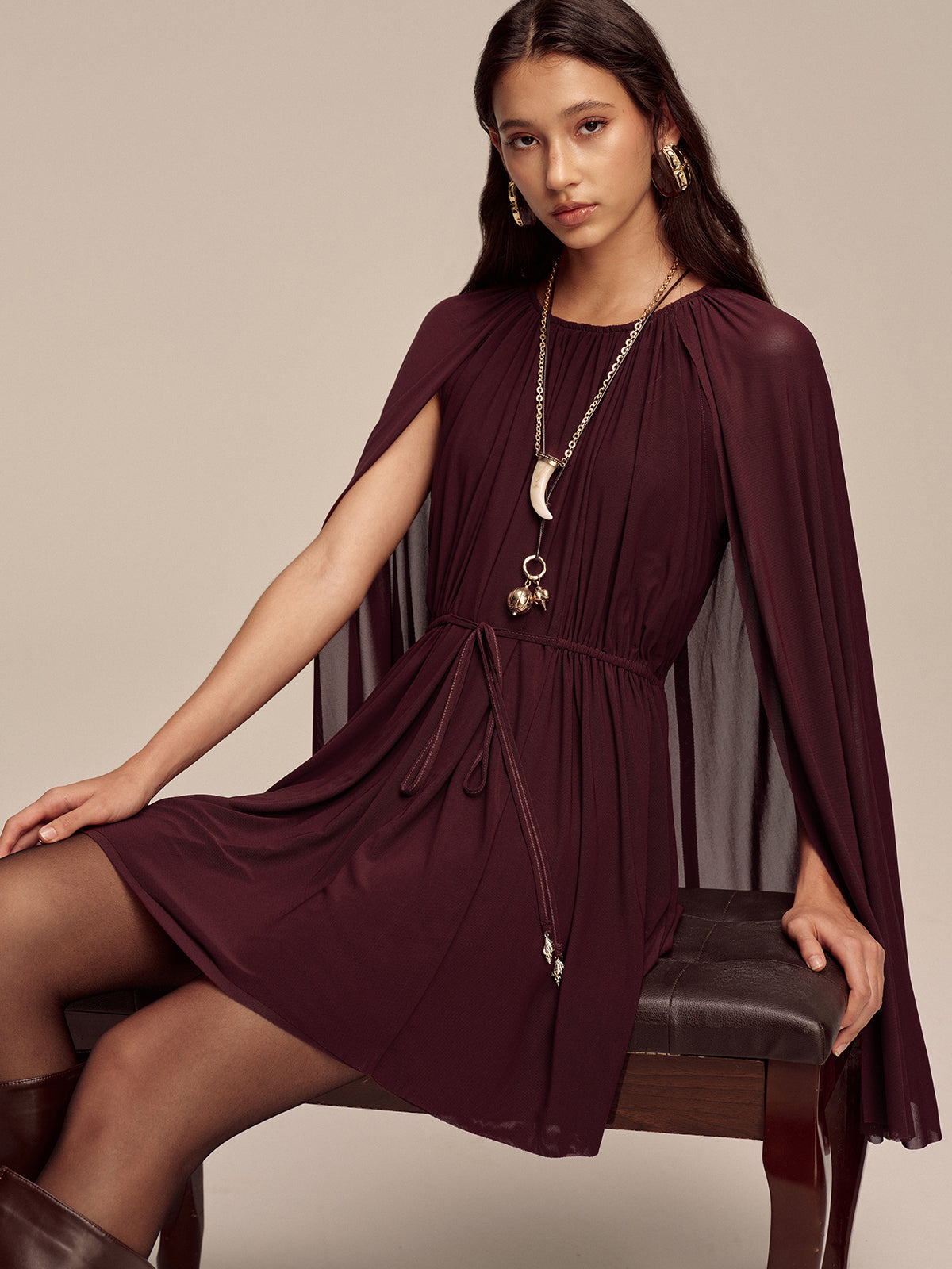 Mesh Cape Sleeve Tie-Waist Mini Dress with Elegant V-Neck Design