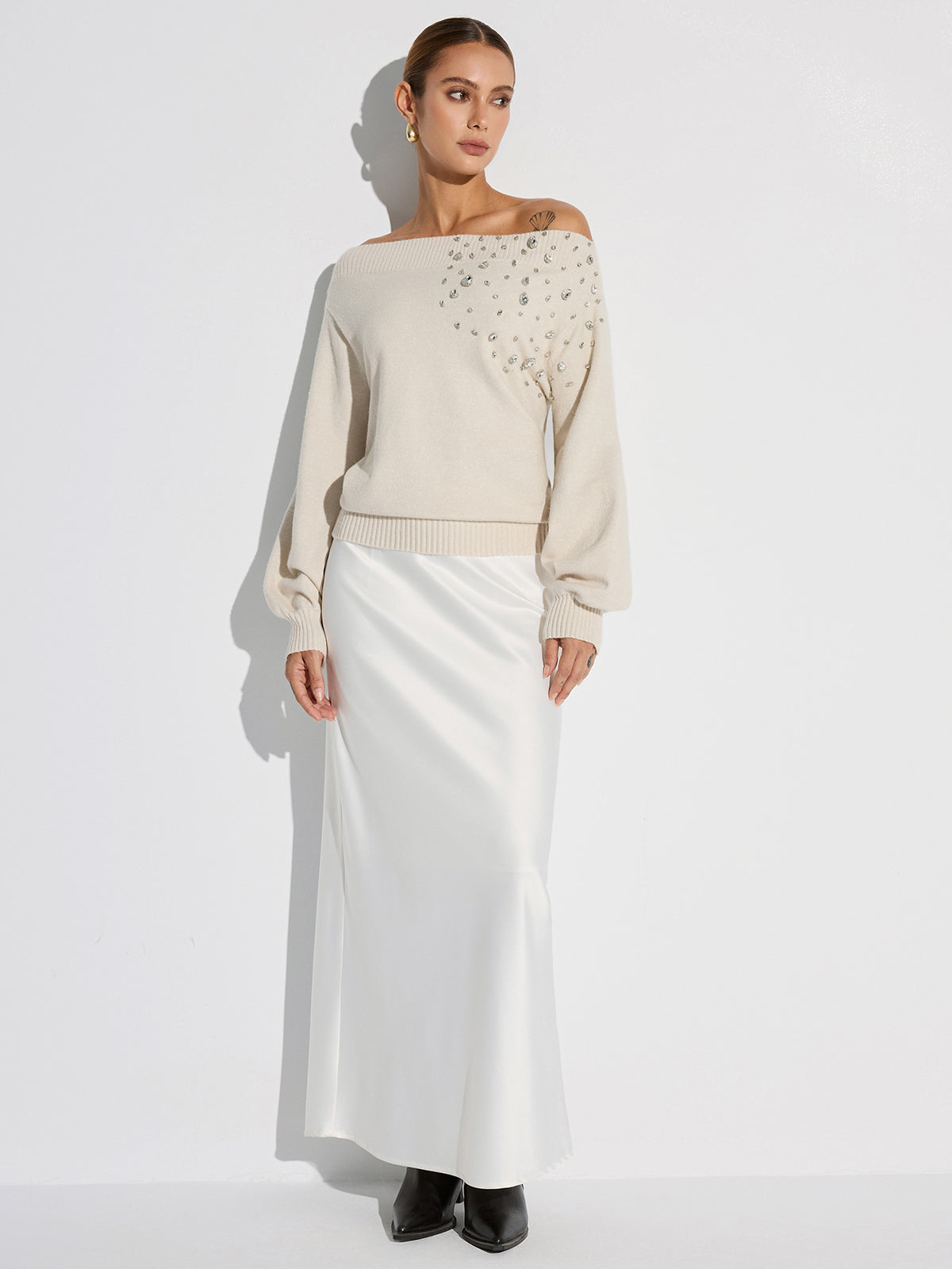 Rhinestone-Embellished Off-Shoulder Sweater Elegant Evening Wear