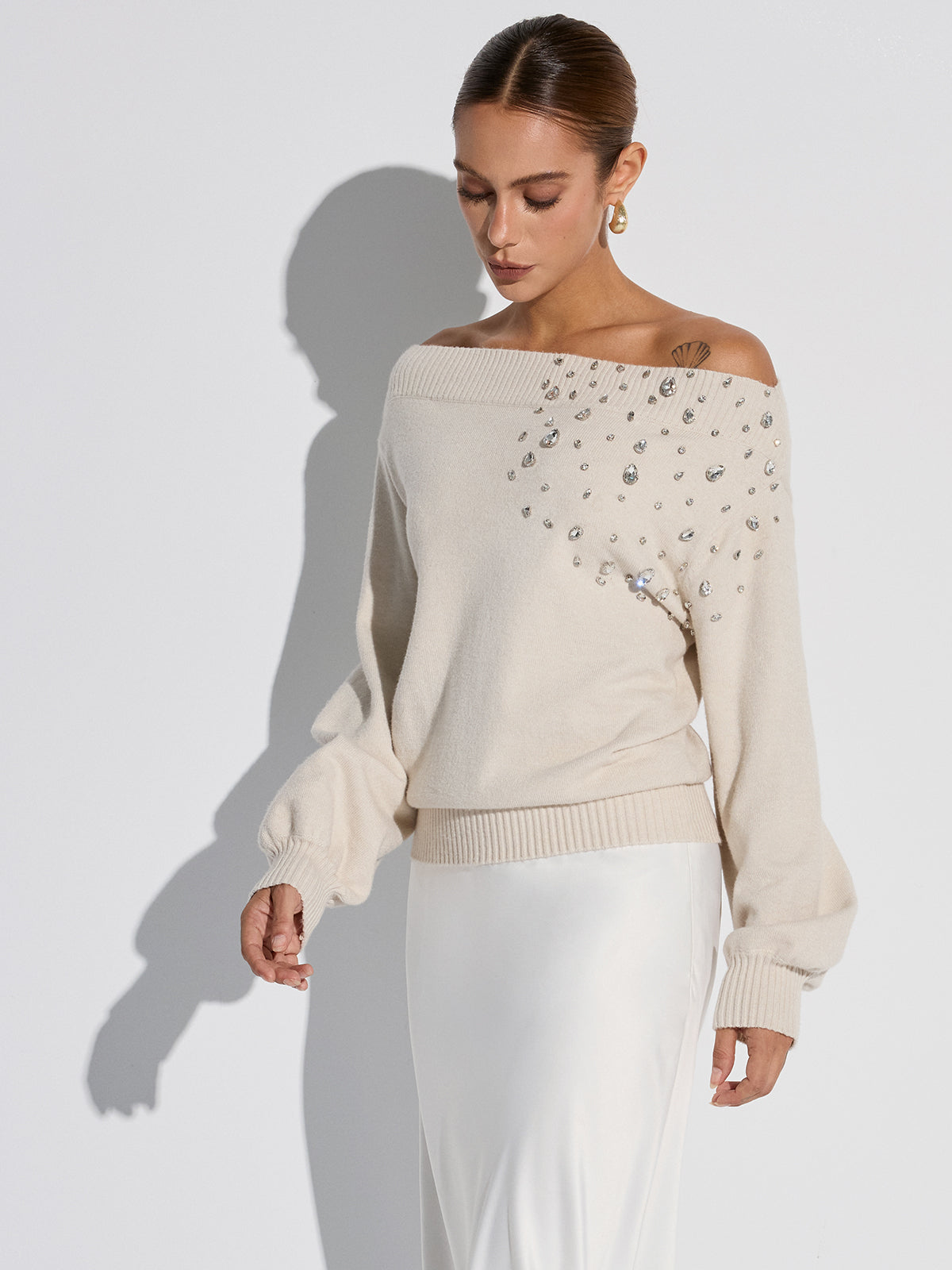 Rhinestone-Embellished Off-Shoulder Sweater Elegant Evening Wear