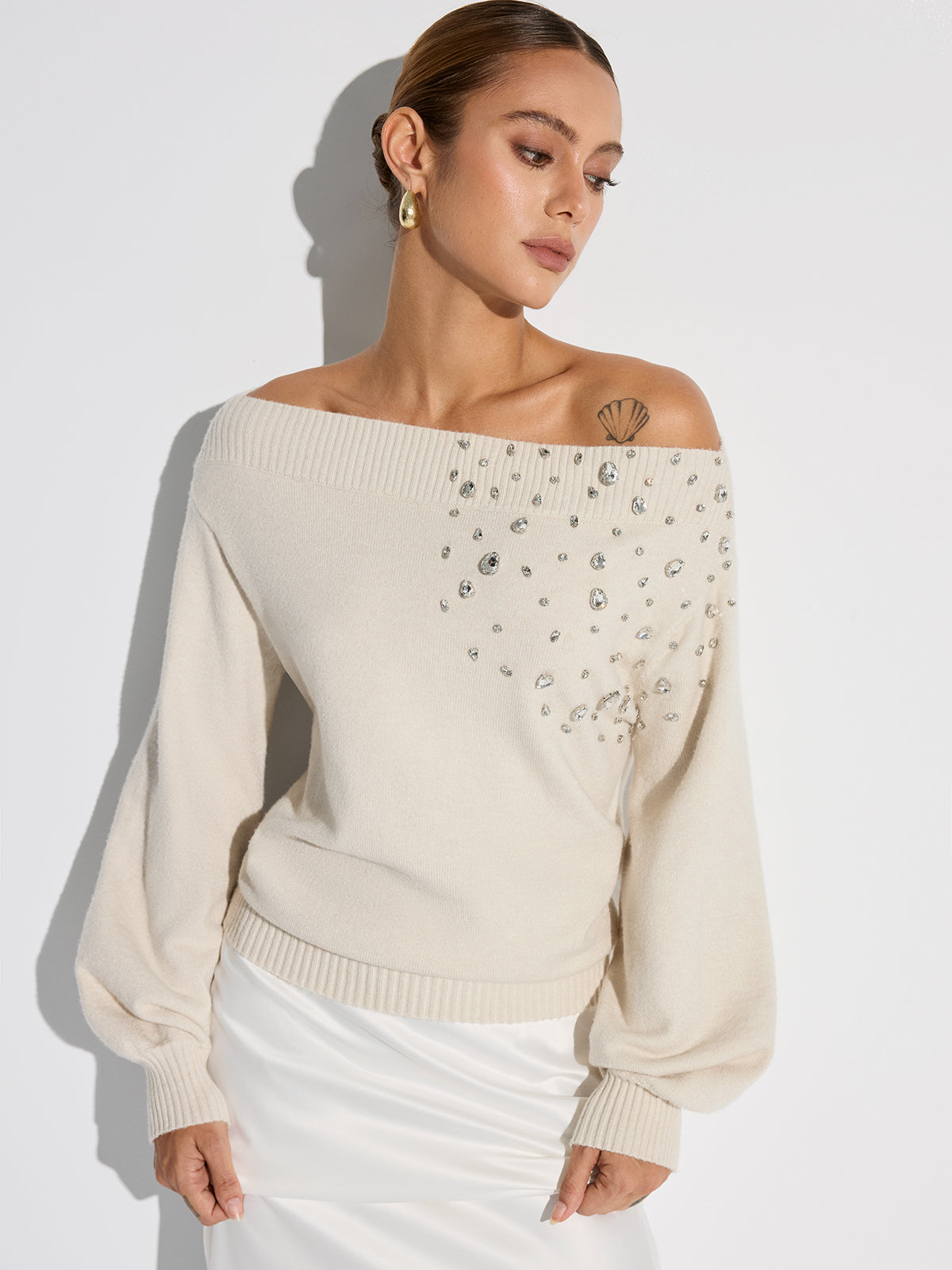 Rhinestone-Embellished Off-Shoulder Sweater Elegant Evening Wear