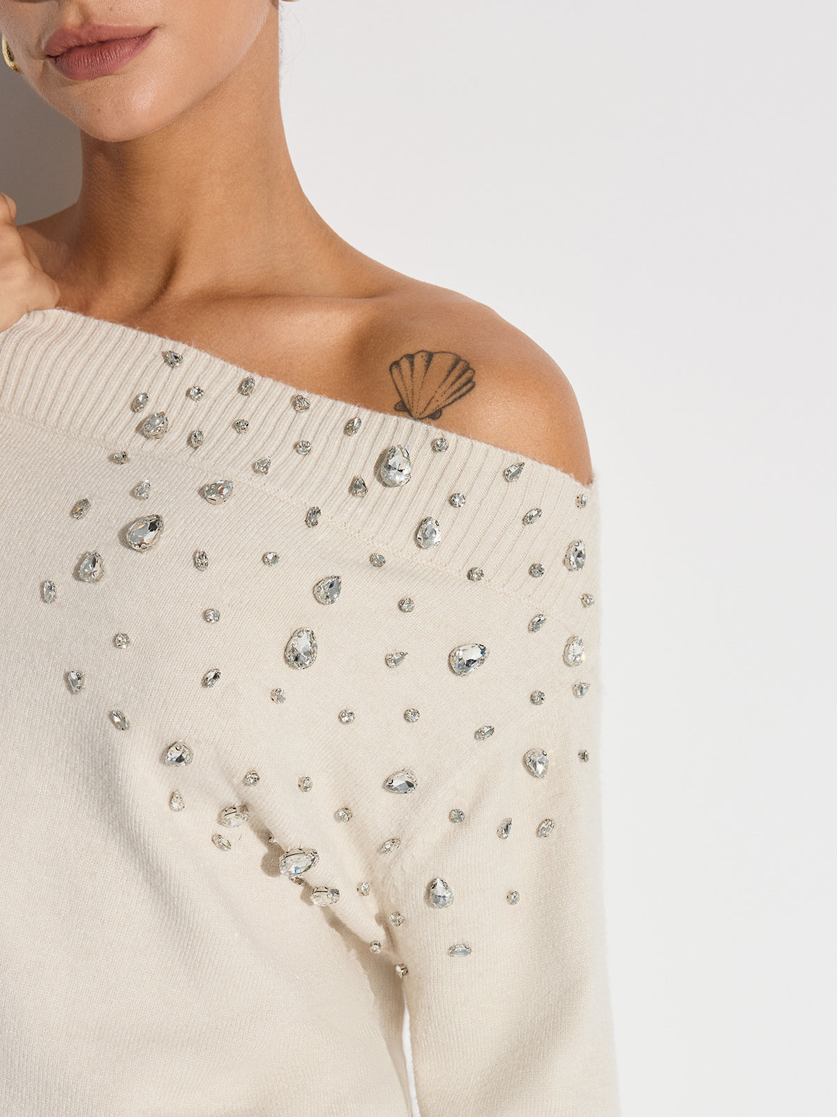 Rhinestone-Embellished Off-Shoulder Sweater Elegant Evening Wear