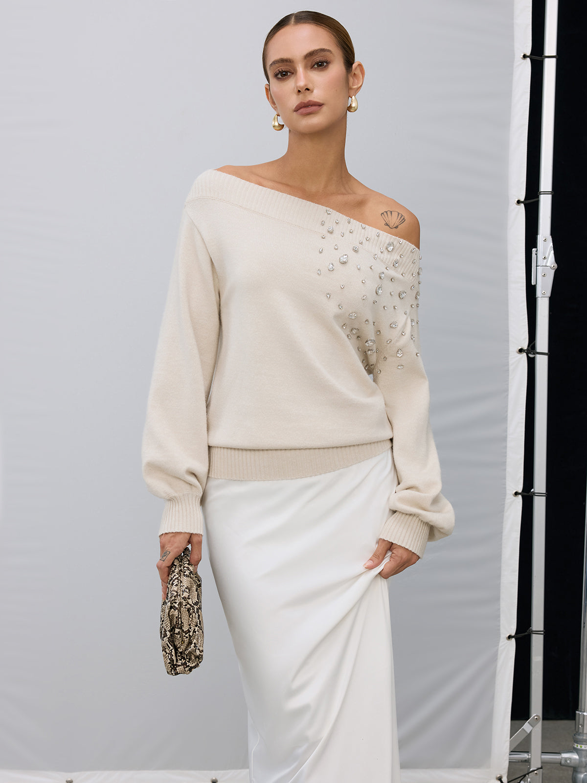 Rhinestone-Embellished Off-Shoulder Sweater Elegant Evening Wear