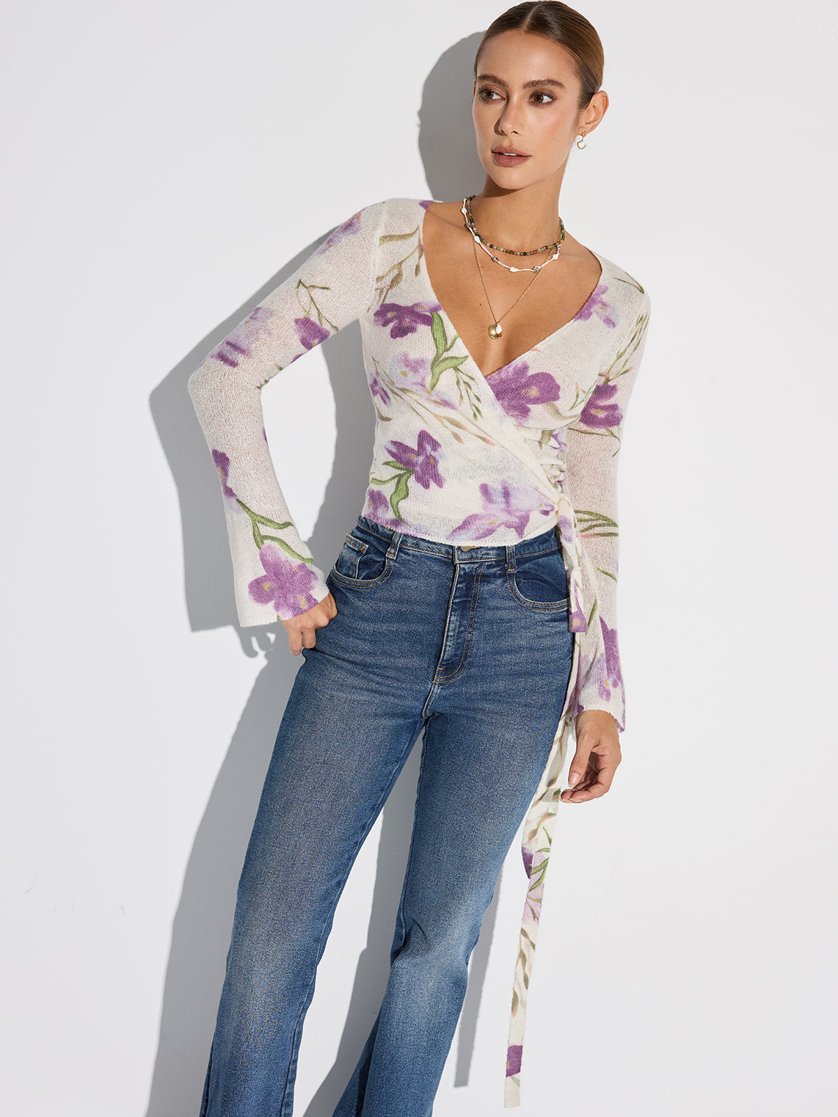 Floral Print Wrap Tie Knit Top for Women Spring Fashion