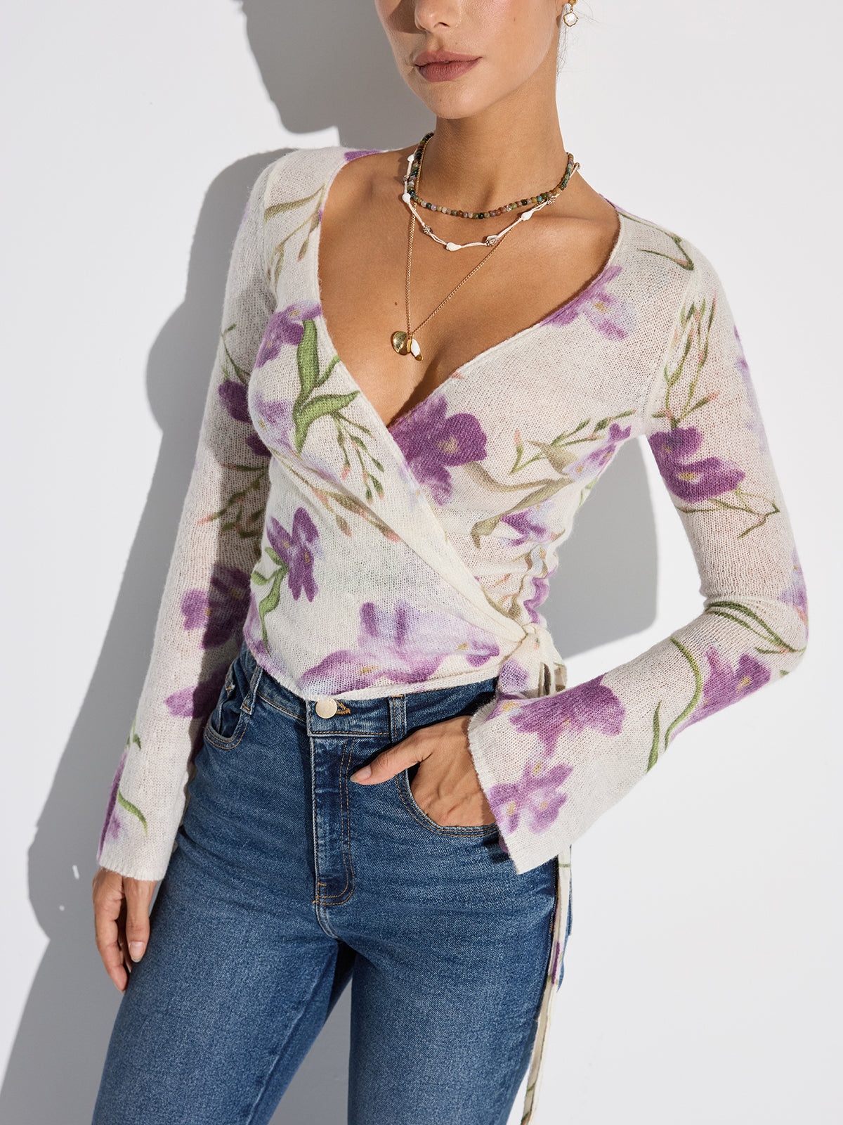Floral Print Wrap Tie Knit Top for Women Spring Fashion