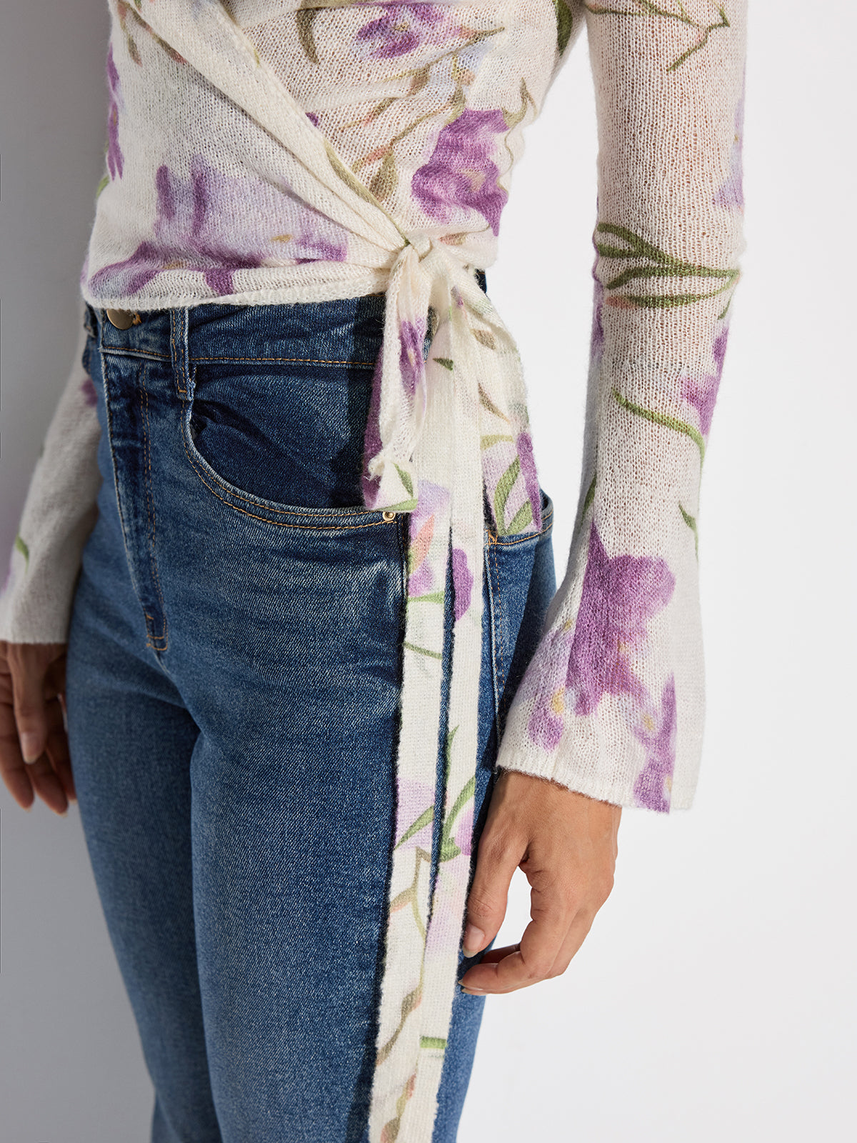 Floral Print Wrap Tie Knit Top for Women Spring Fashion