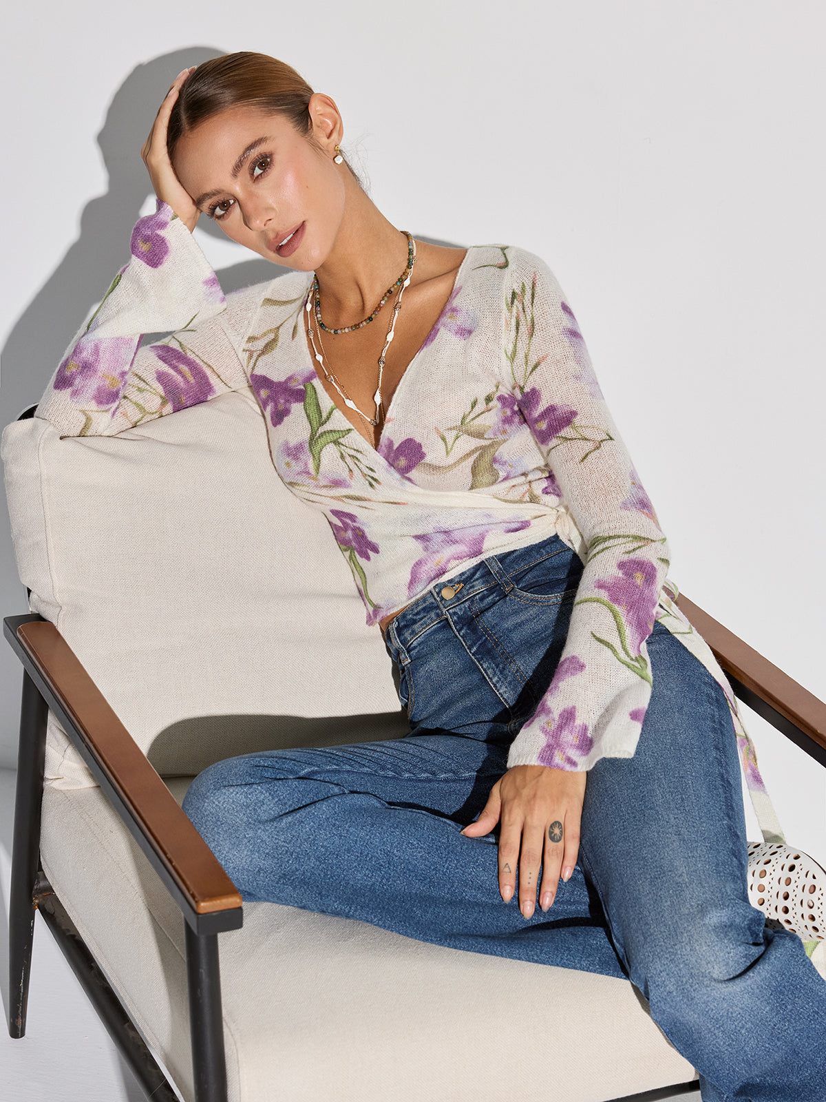 Floral Print Wrap Tie Knit Top for Women Spring Fashion