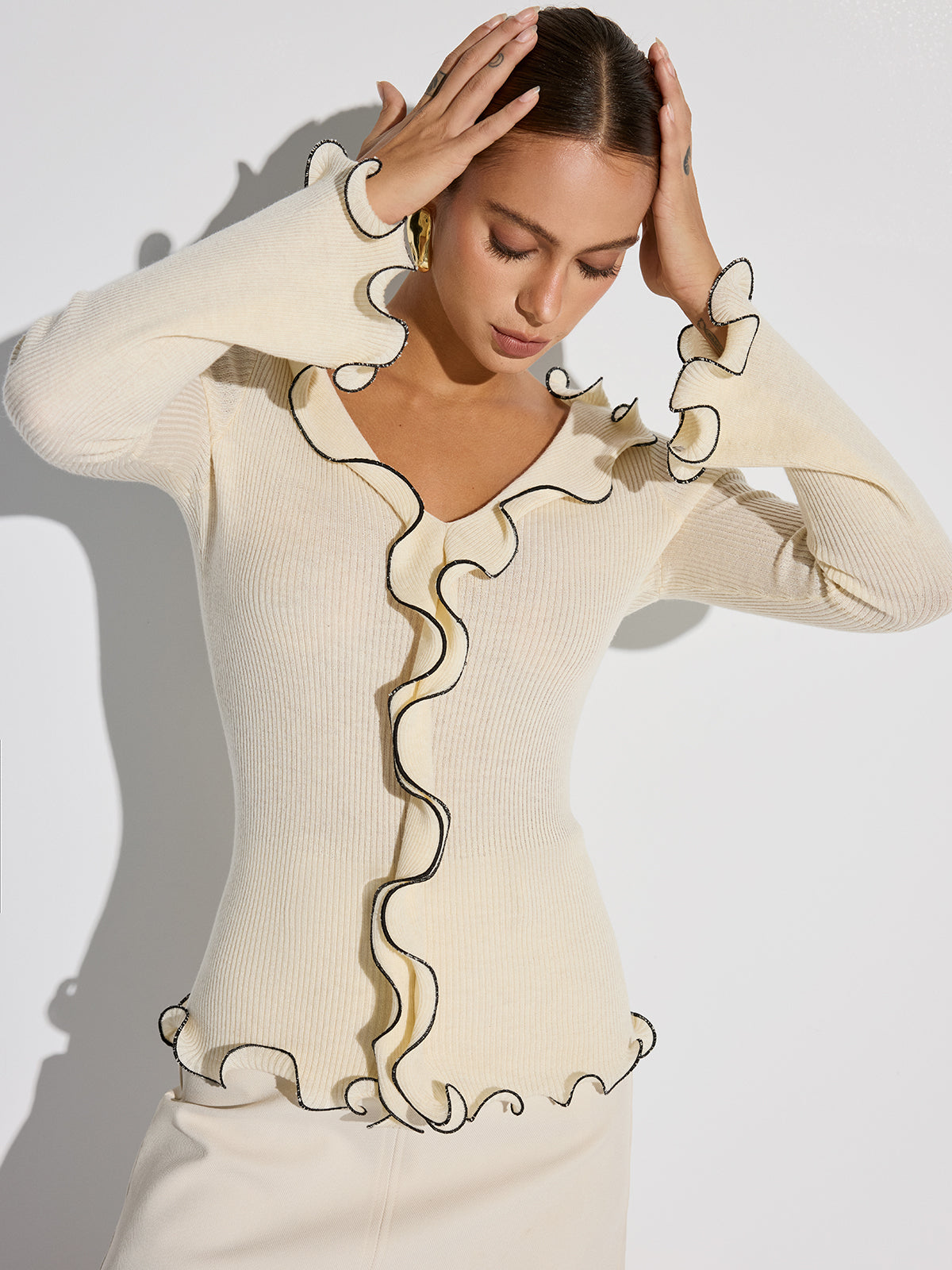 Contrast Trim Ruffled Sweater with Elegant Details