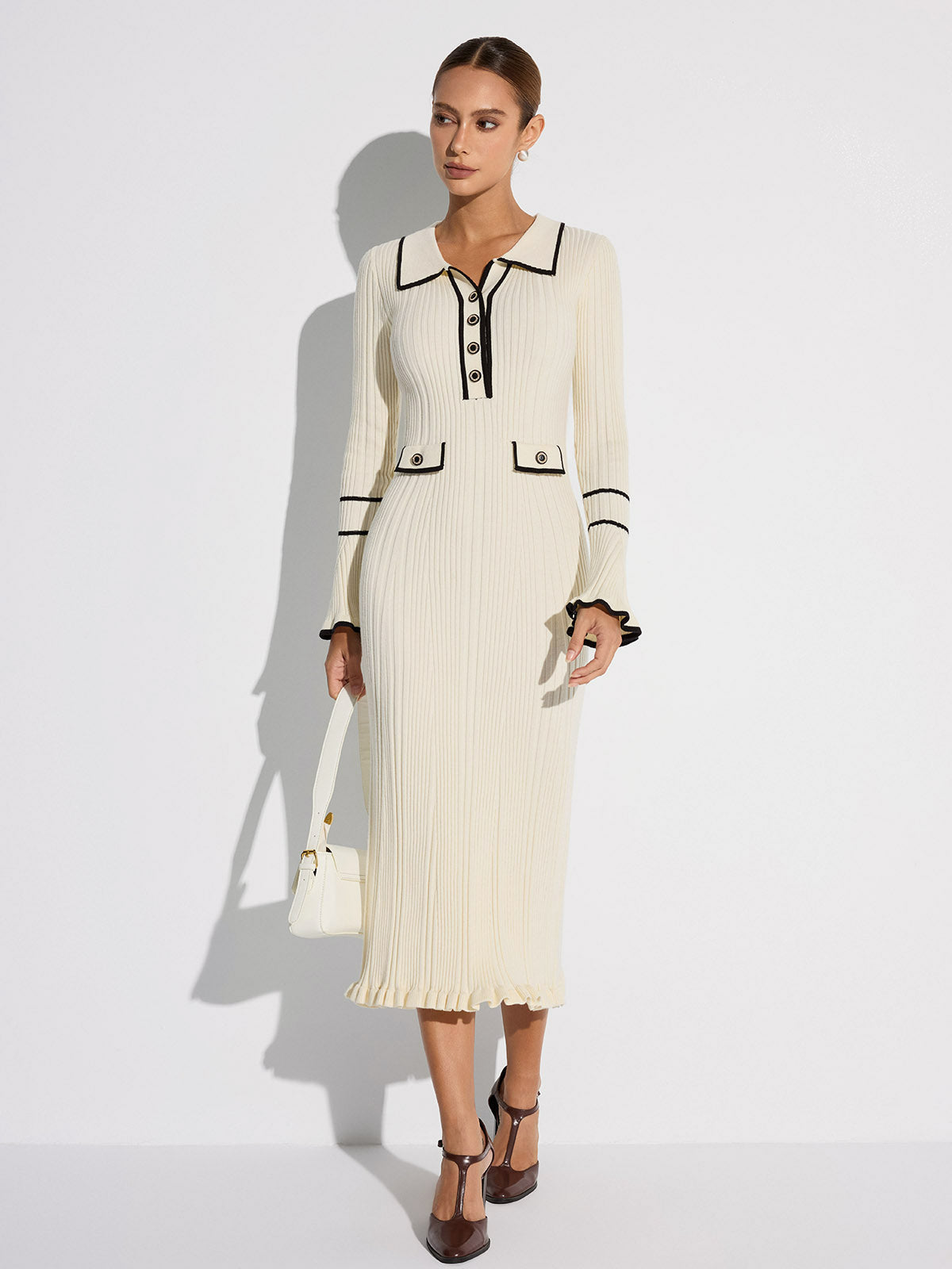 Contrast Trim Buttoned Ribbed Sweater Dress with Belted Waist Detail