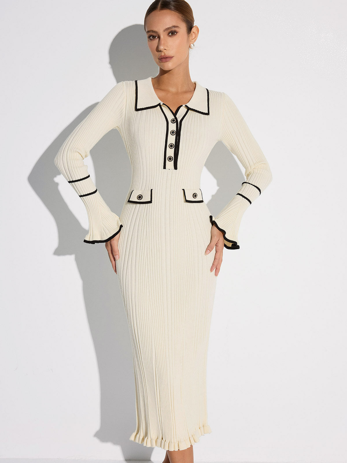 Contrast Trim Buttoned Ribbed Sweater Dress with Belted Waist Detail
