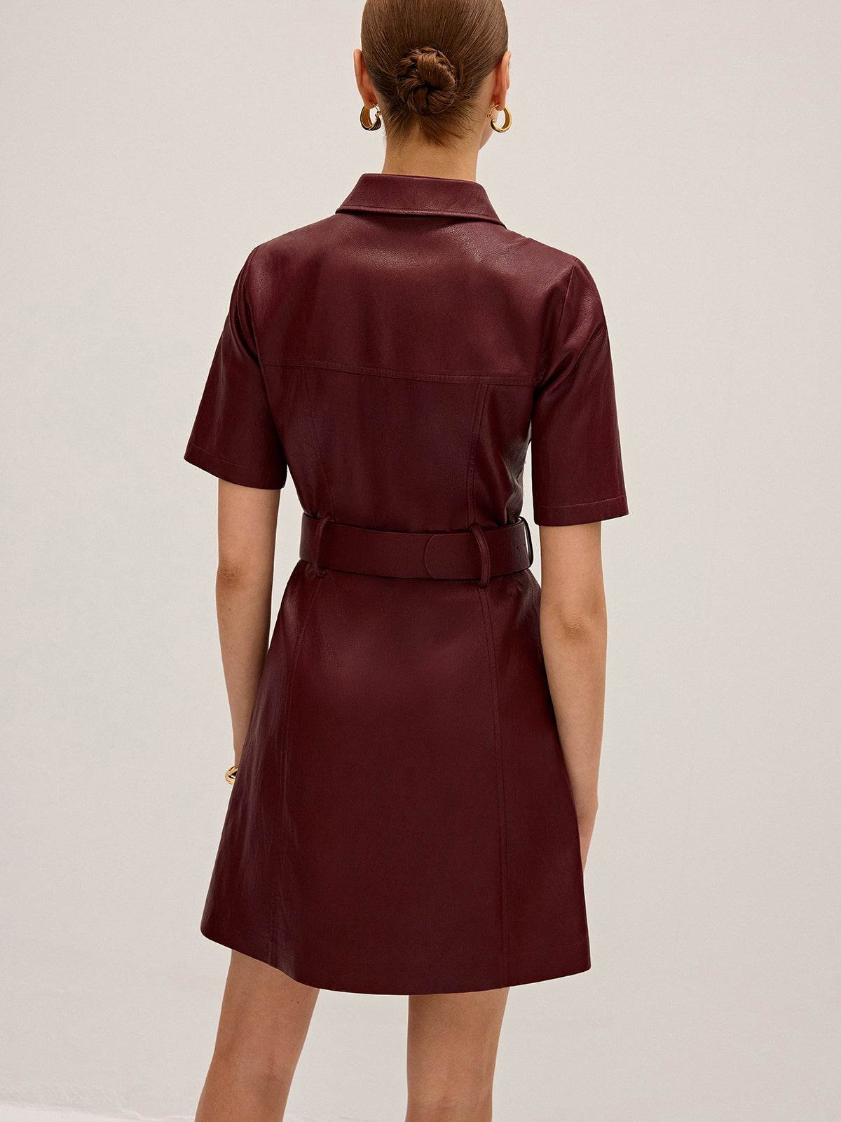 Shirt Collar Belted PU Leather Mini Dress Trendy Women's Fashion 2023