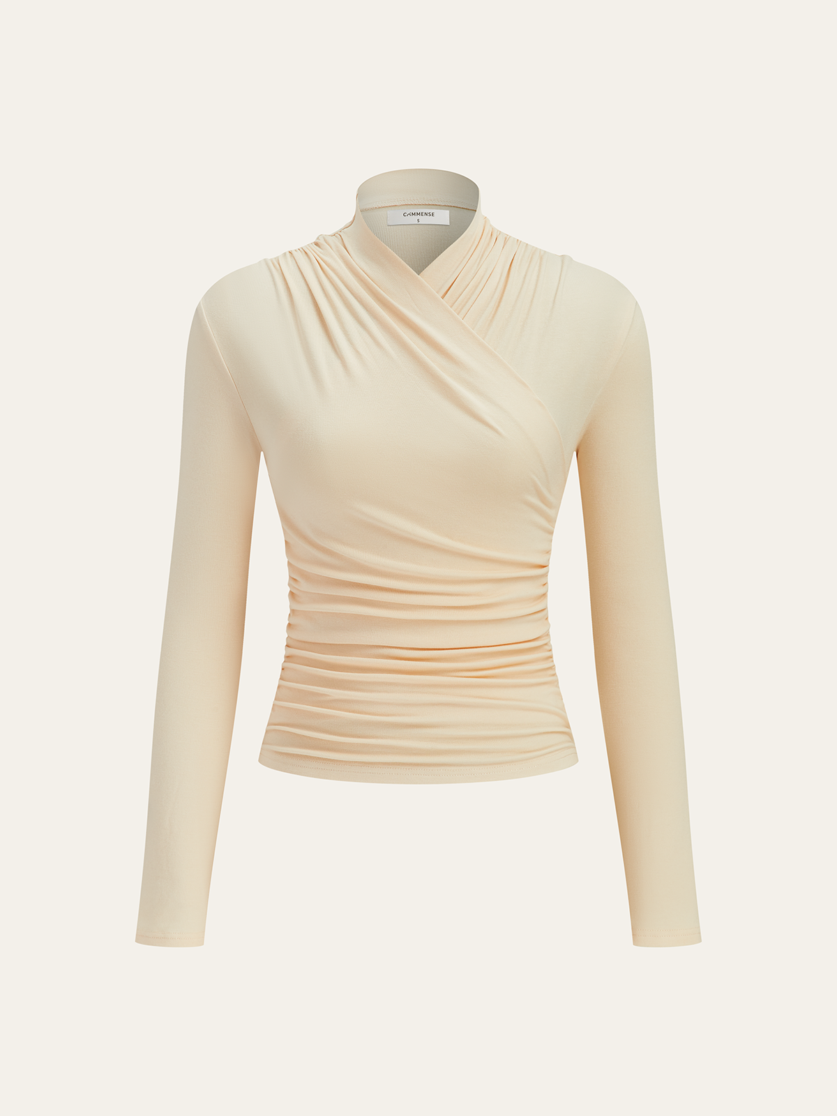 Cross-Over Collar Pleated Cinched T-Shirt with Elastic Waistband