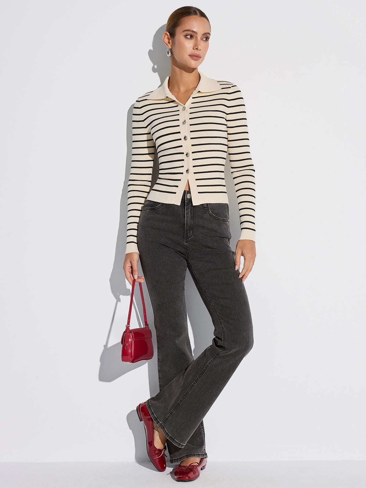 Metal Button Striped Collared Cardigan with Long Sleeves and Front Pockets