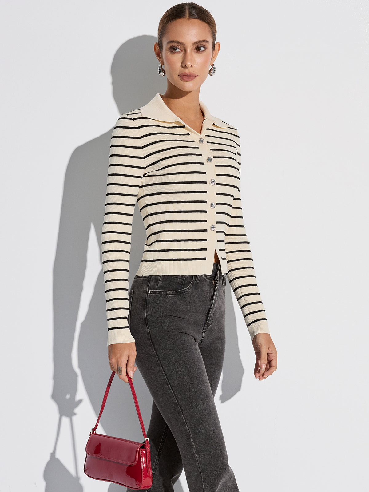Metal Button Striped Collared Cardigan with Long Sleeves and Front Pockets