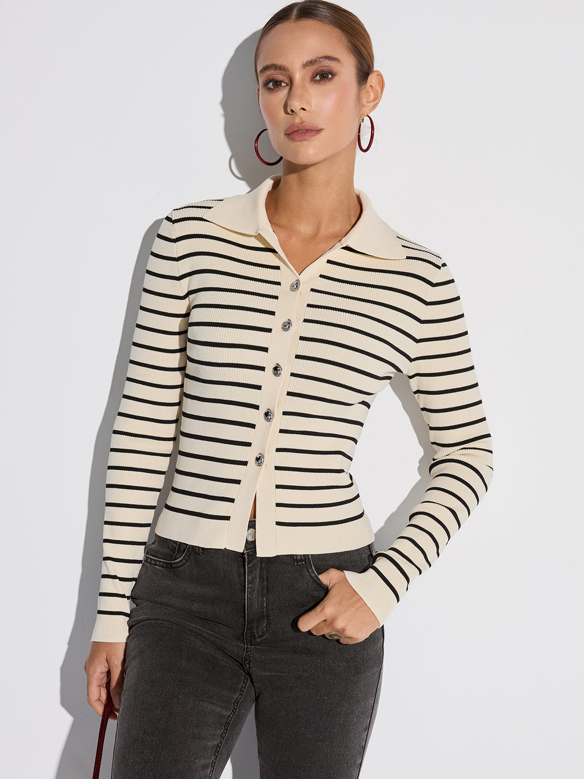 Metal Button Striped Collared Cardigan with Long Sleeves and Front Pockets