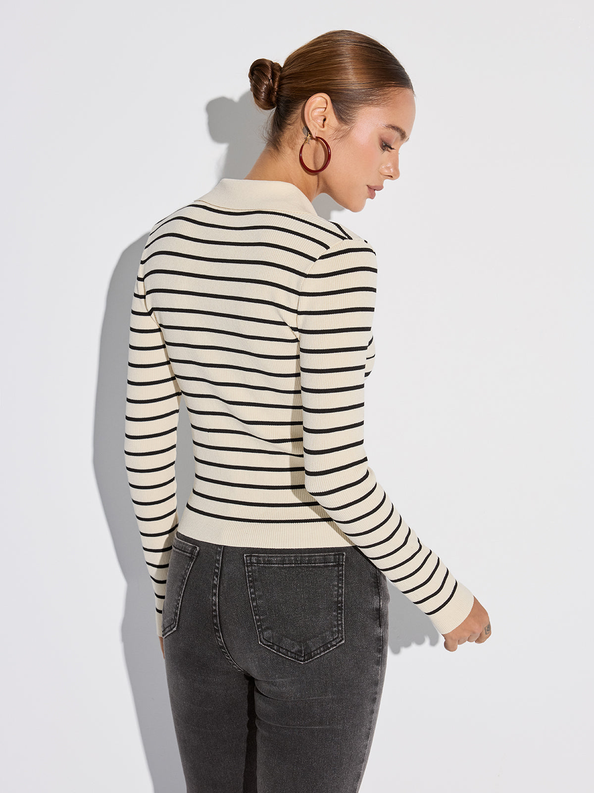 Metal Button Striped Collared Cardigan with Long Sleeves and Front Pockets