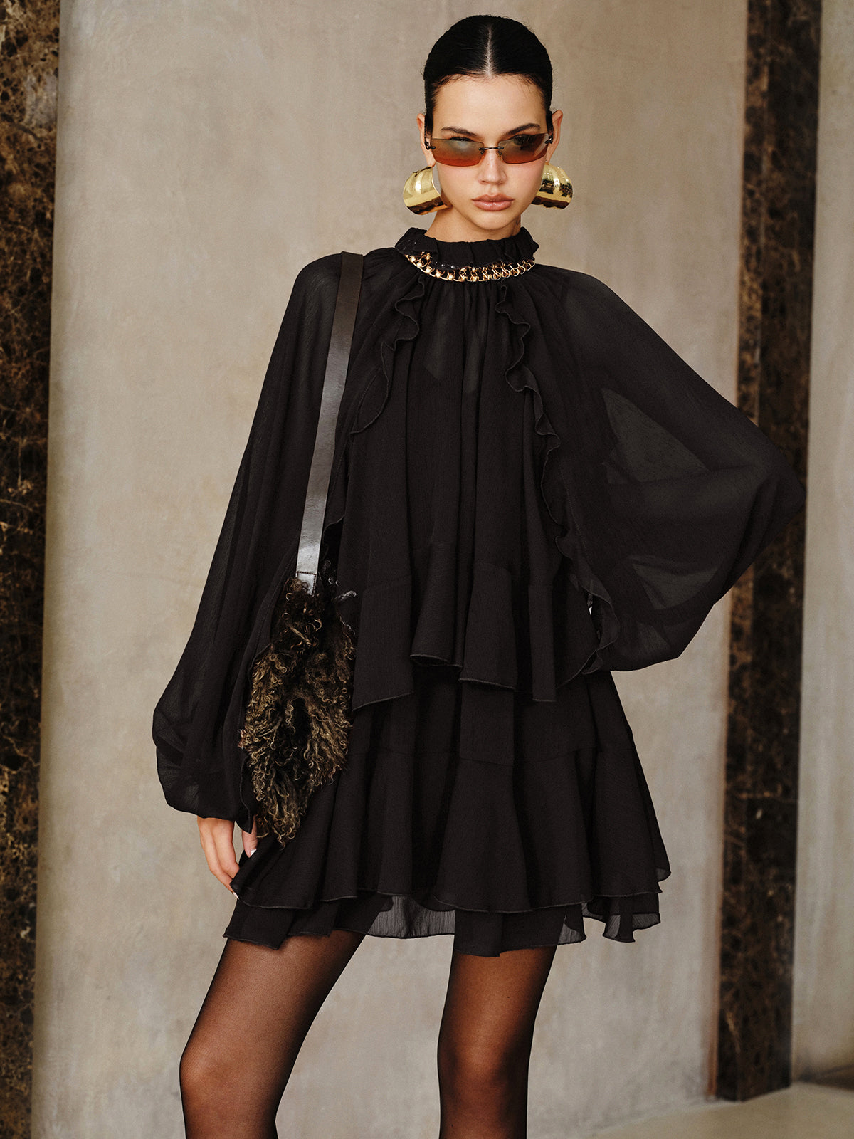 Tiered Ruffle Chiffon Mini Dress Set with Liner Women's Lightweight Fashionable