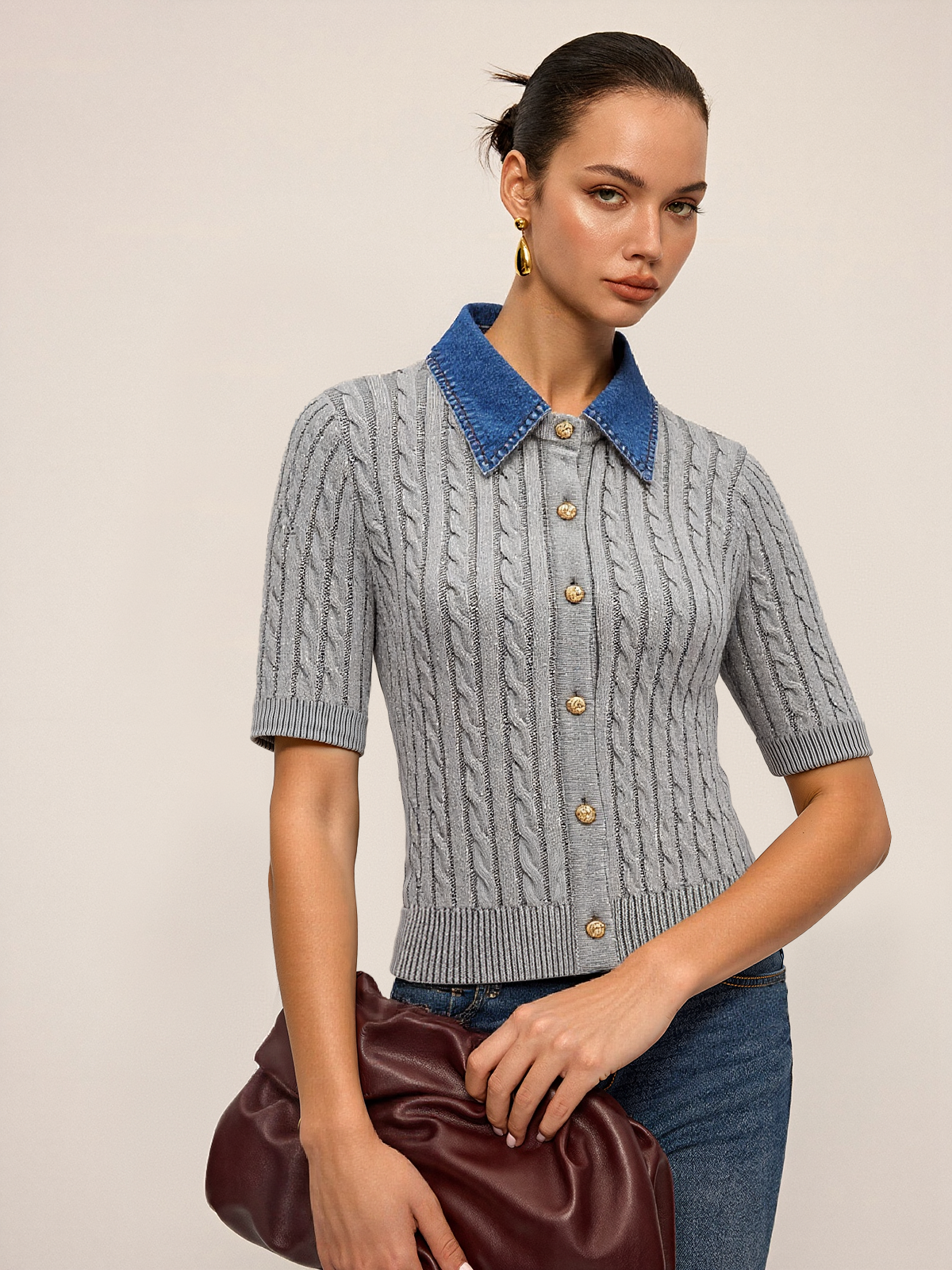 Metal Button Denim Collar Cable-Knit Top - Trendy Women's Winter Fashion