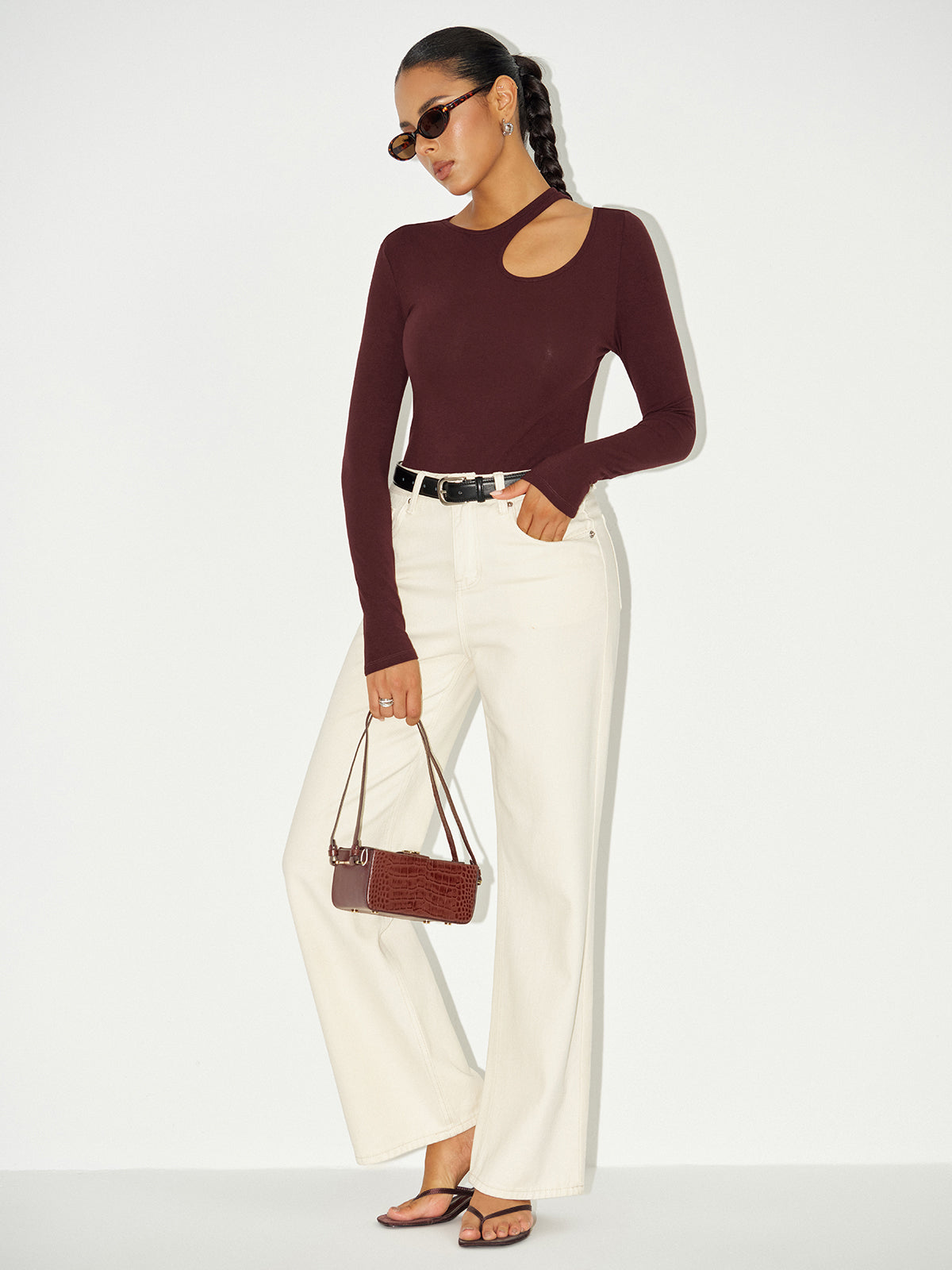 Long Sleeve Cut-Out Bodysuit Trendy Chic Stretch Fit