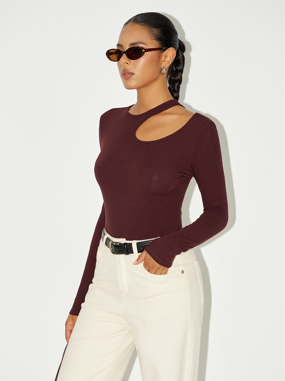Long Sleeve Cut-Out Bodysuit Trendy Chic Stretch Fit