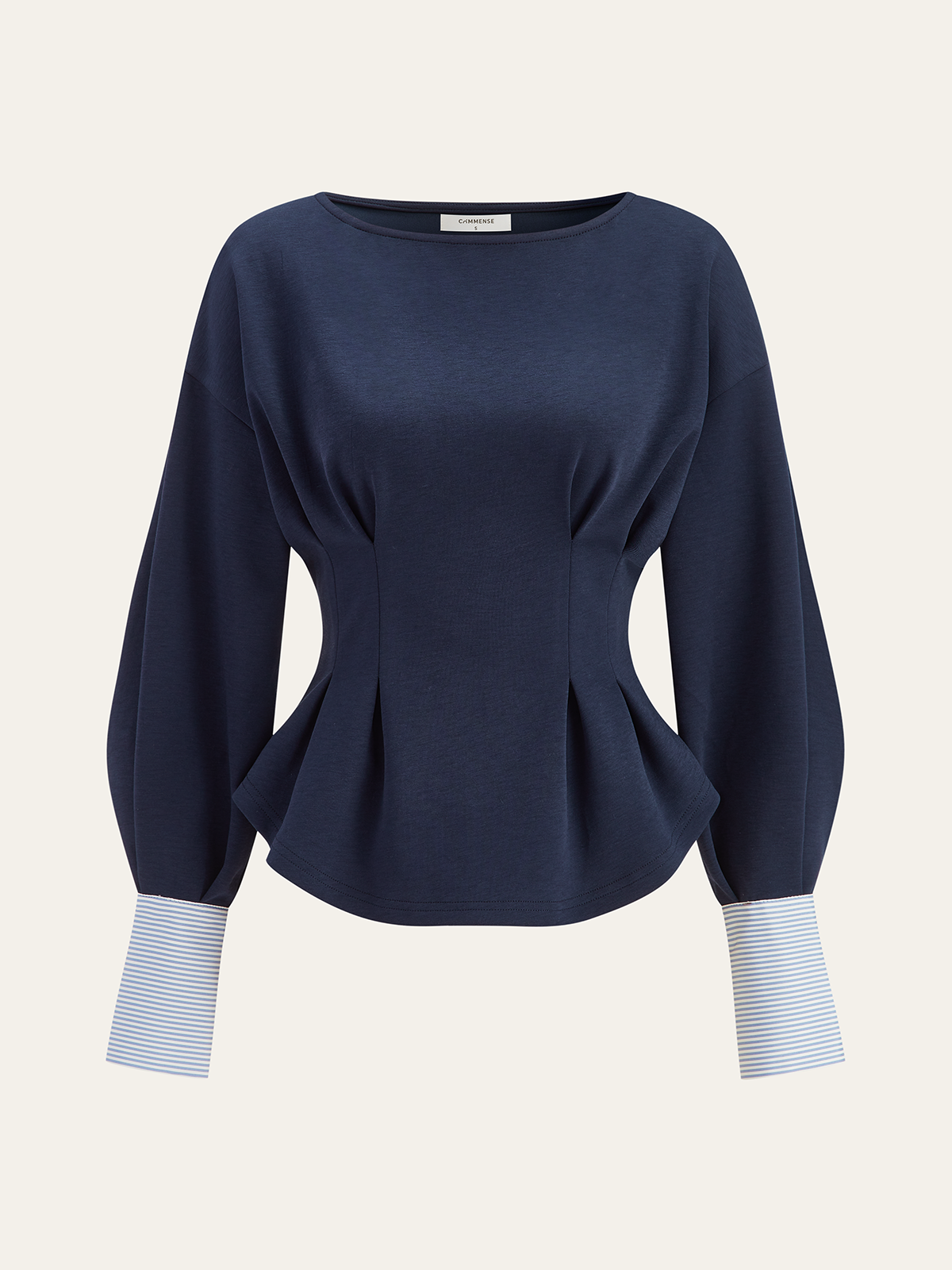 Round Neck Balloon Sleeve Peplum Sweatshirt with Ribbed Cuffs and Hem
