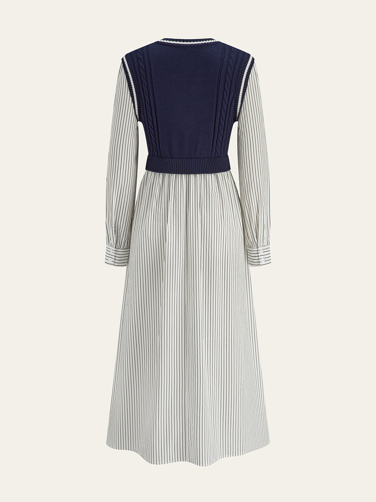 2 in 1 Cable-Knit Paneled Striped Midi Dress with Belted Waist