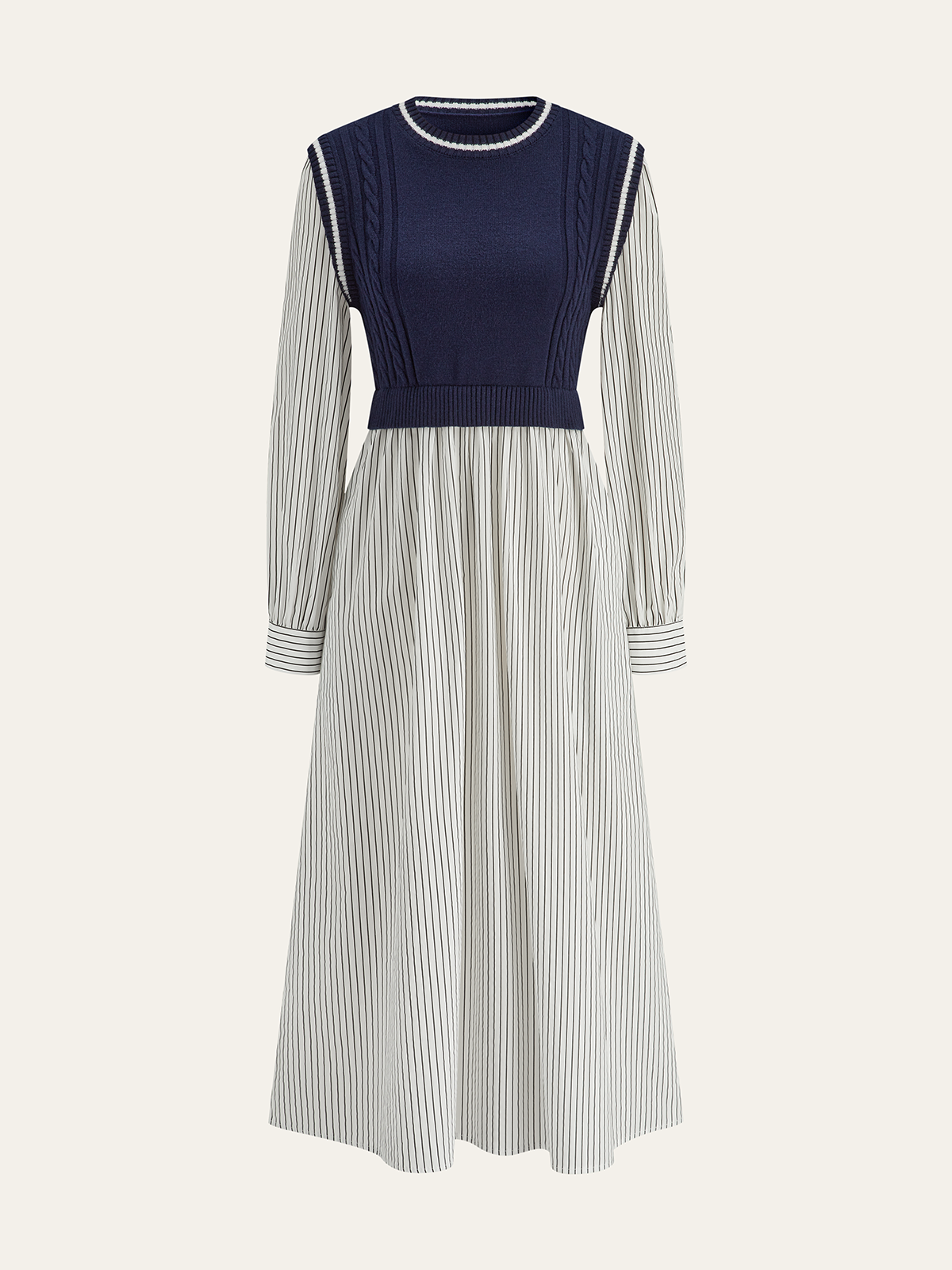 2 in 1 Cable-Knit Paneled Striped Midi Dress with Belted Waist