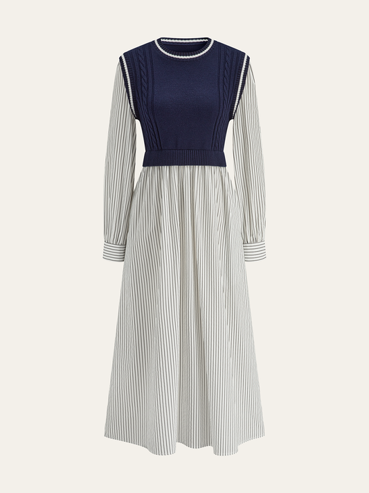2 in 1 Cable-Knit Paneled Striped Midi Dress with Belted Waist