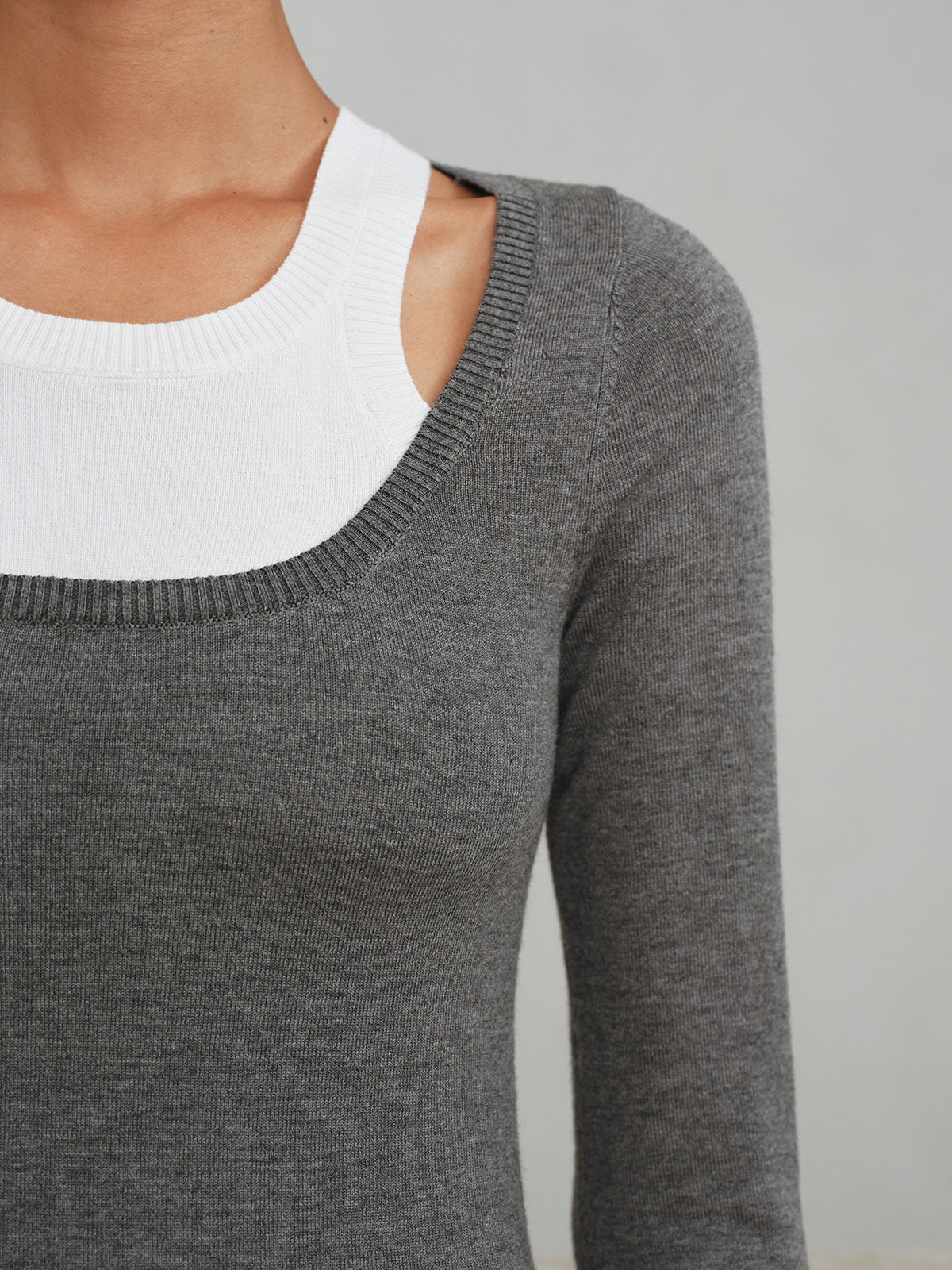 2 in 1 Wool-Blend Layered Cut-Out Knit Top with Fashionable Long Sleeves