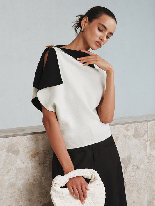Asymmetric Color-Block Knit Top for Women Casual Wear