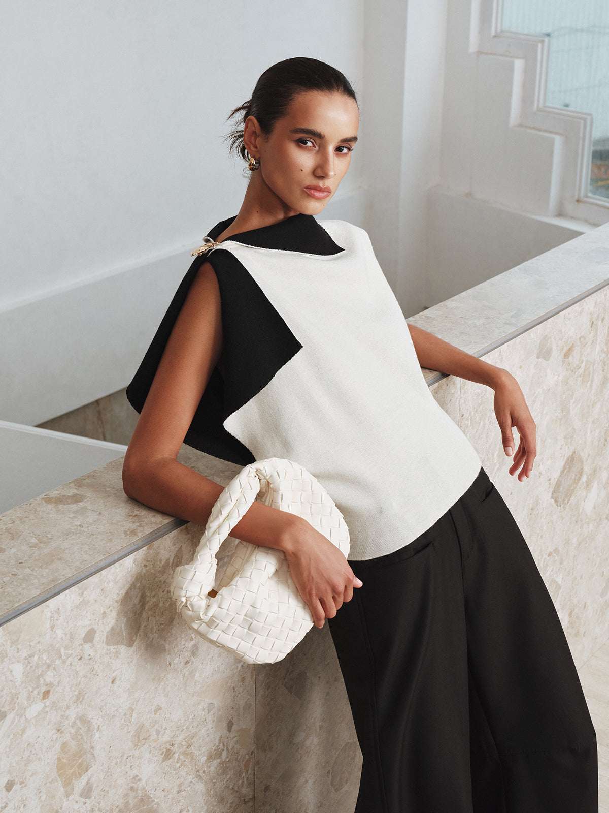 Asymmetric Color-Block Knit Top for Women Casual Wear