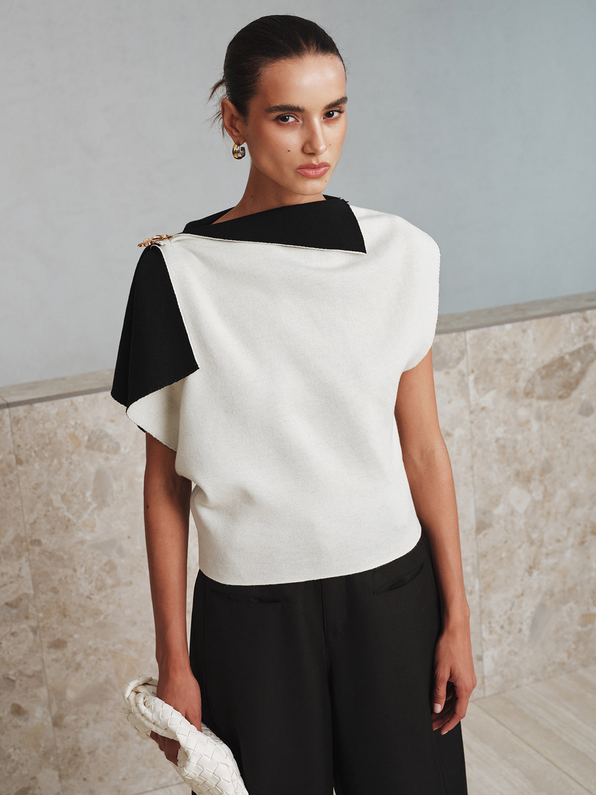 Asymmetric Color-Block Knit Top for Women Casual Wear
