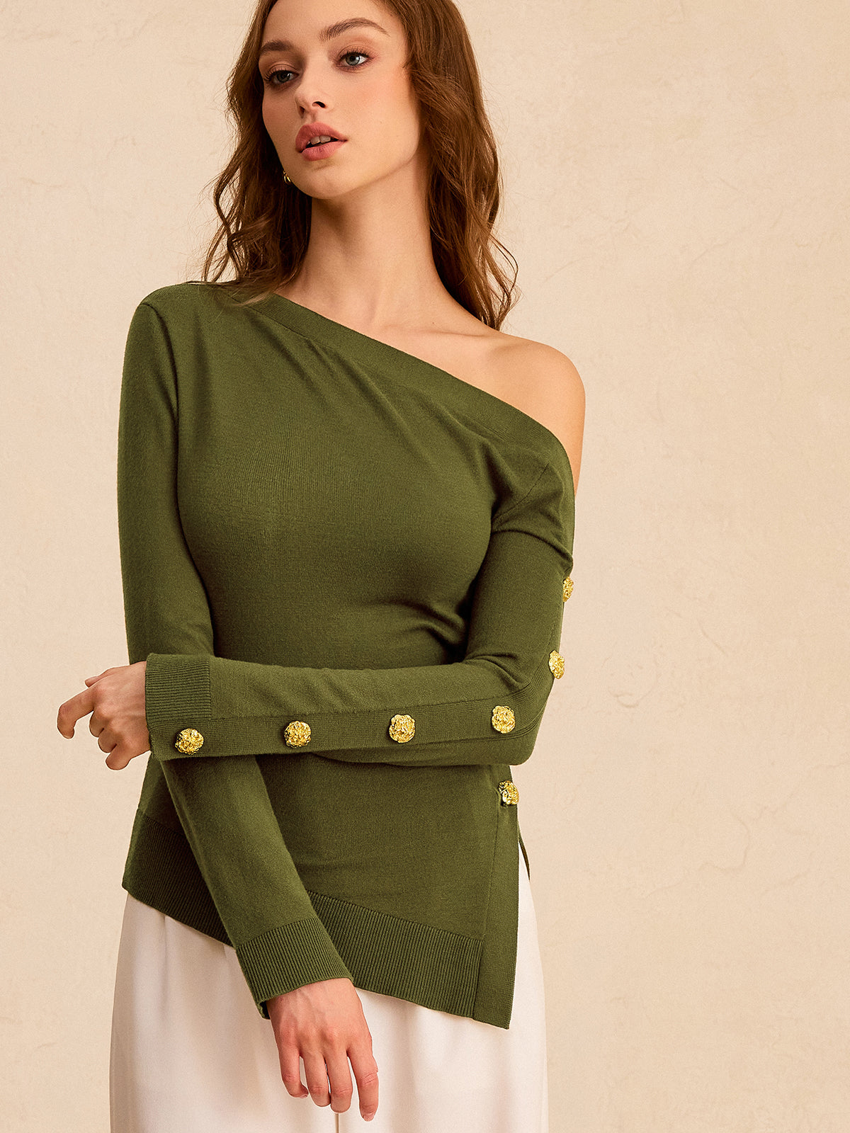 One-Shoulder Metal Detail Asymmetric Knit Top Women's Fashion Shirt