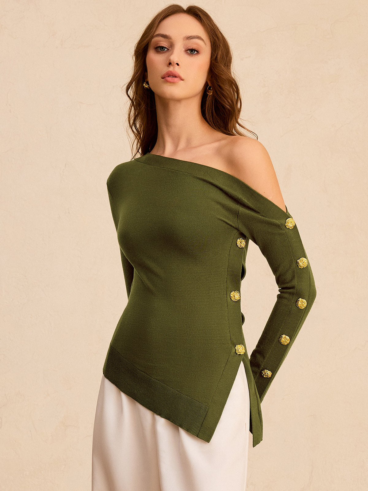 One-Shoulder Metal Detail Asymmetric Knit Top Women's Fashion Shirt