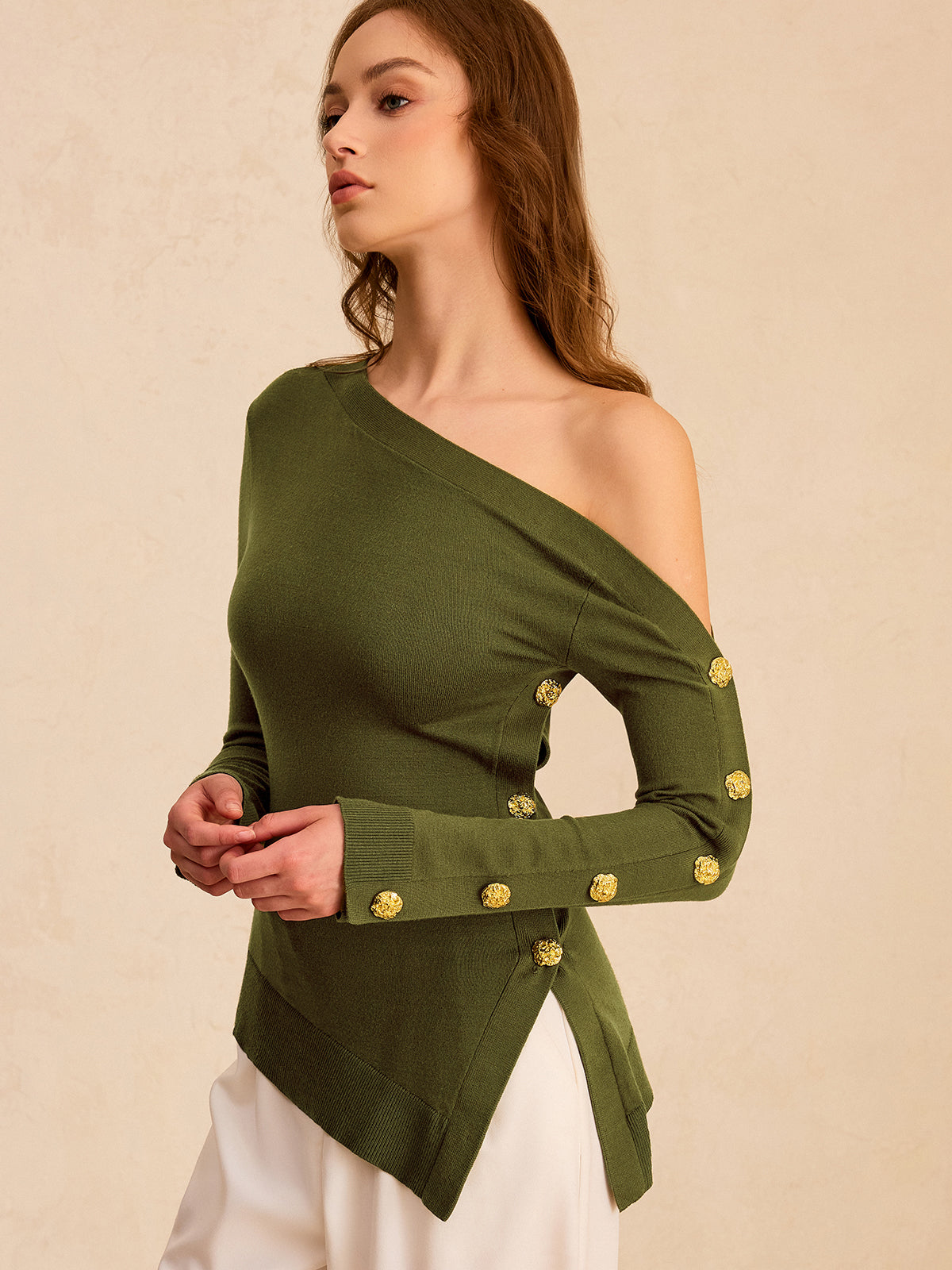 One-Shoulder Metal Detail Asymmetric Knit Top Women's Fashion Shirt
