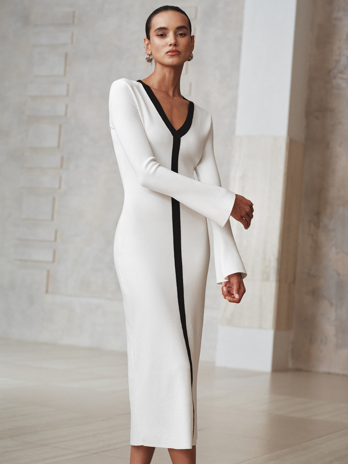 Contrast Trim Knit Maxi Dress Comfortable Long Sleeve Casualwear