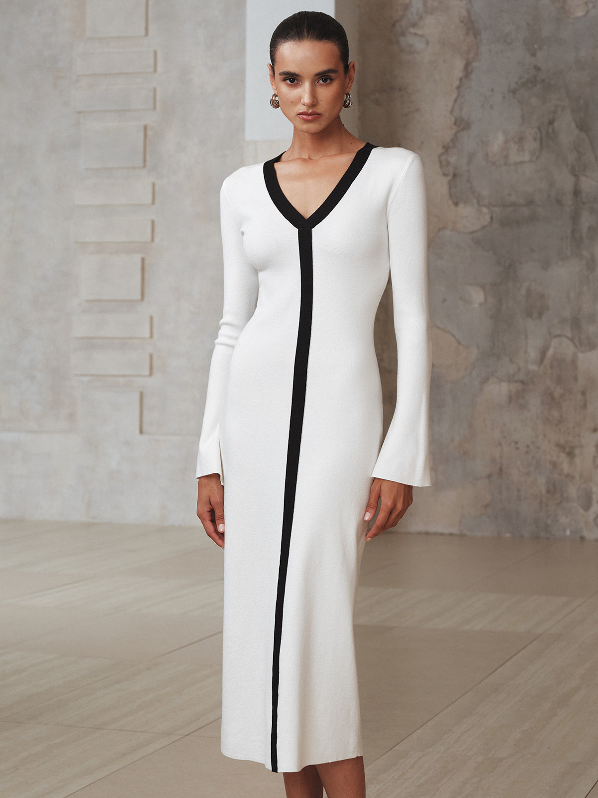 Contrast Trim Knit Maxi Dress Comfortable Long Sleeve Casualwear