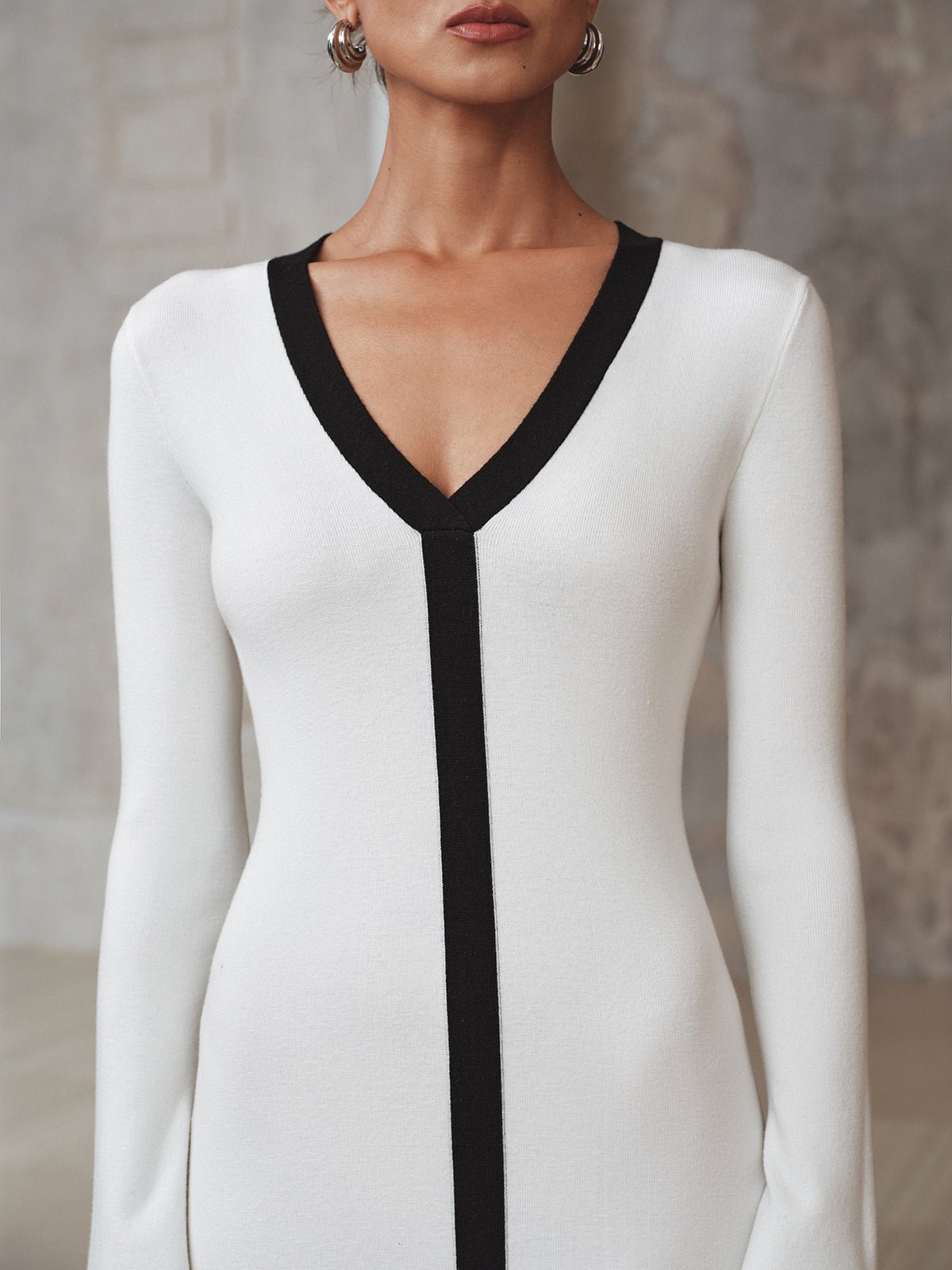 Contrast Trim Knit Maxi Dress Comfortable Long Sleeve Casualwear