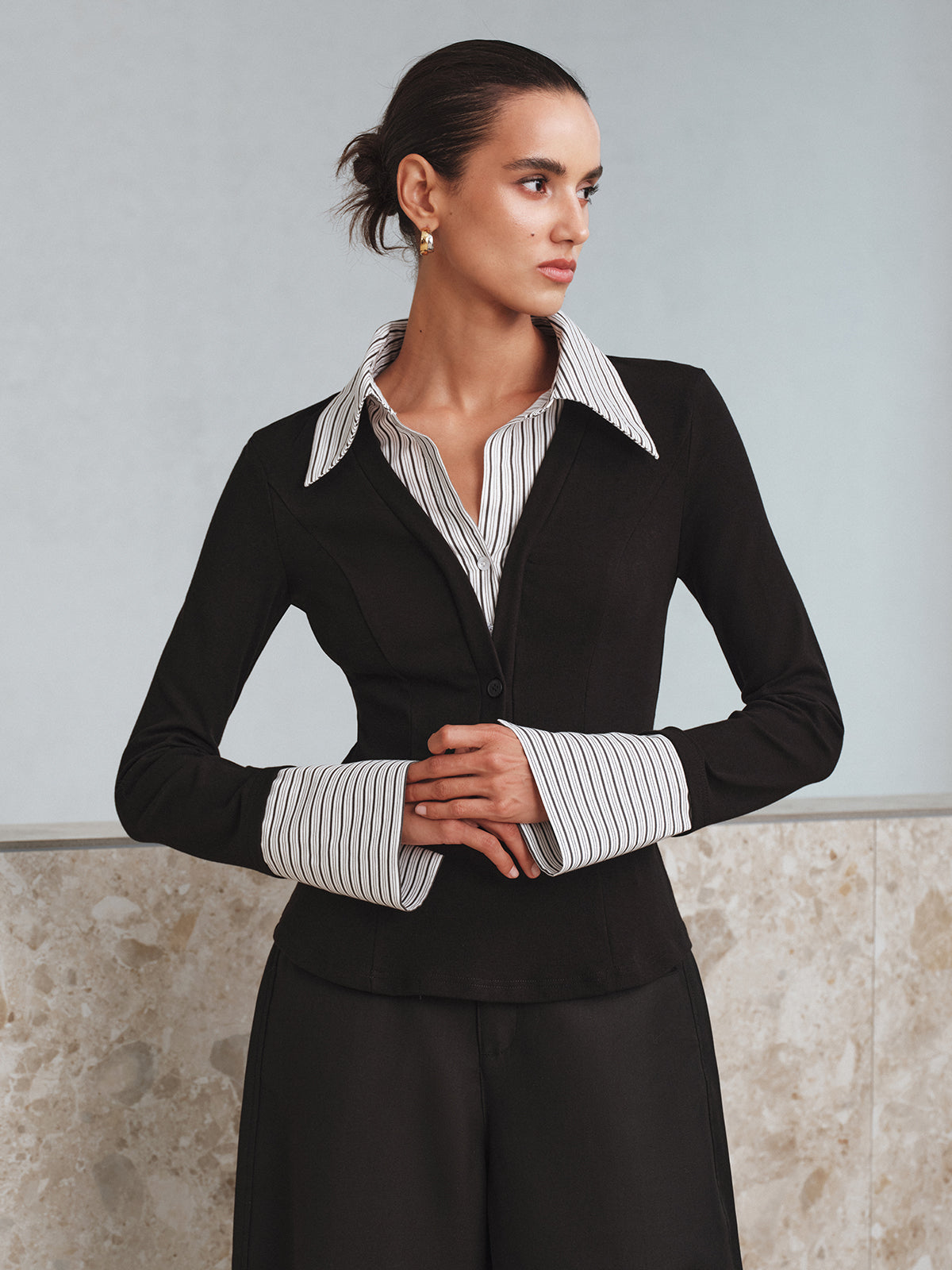 Mock Two-Piece Long-Sleeve Two Tone Polo Top for Casual Wear