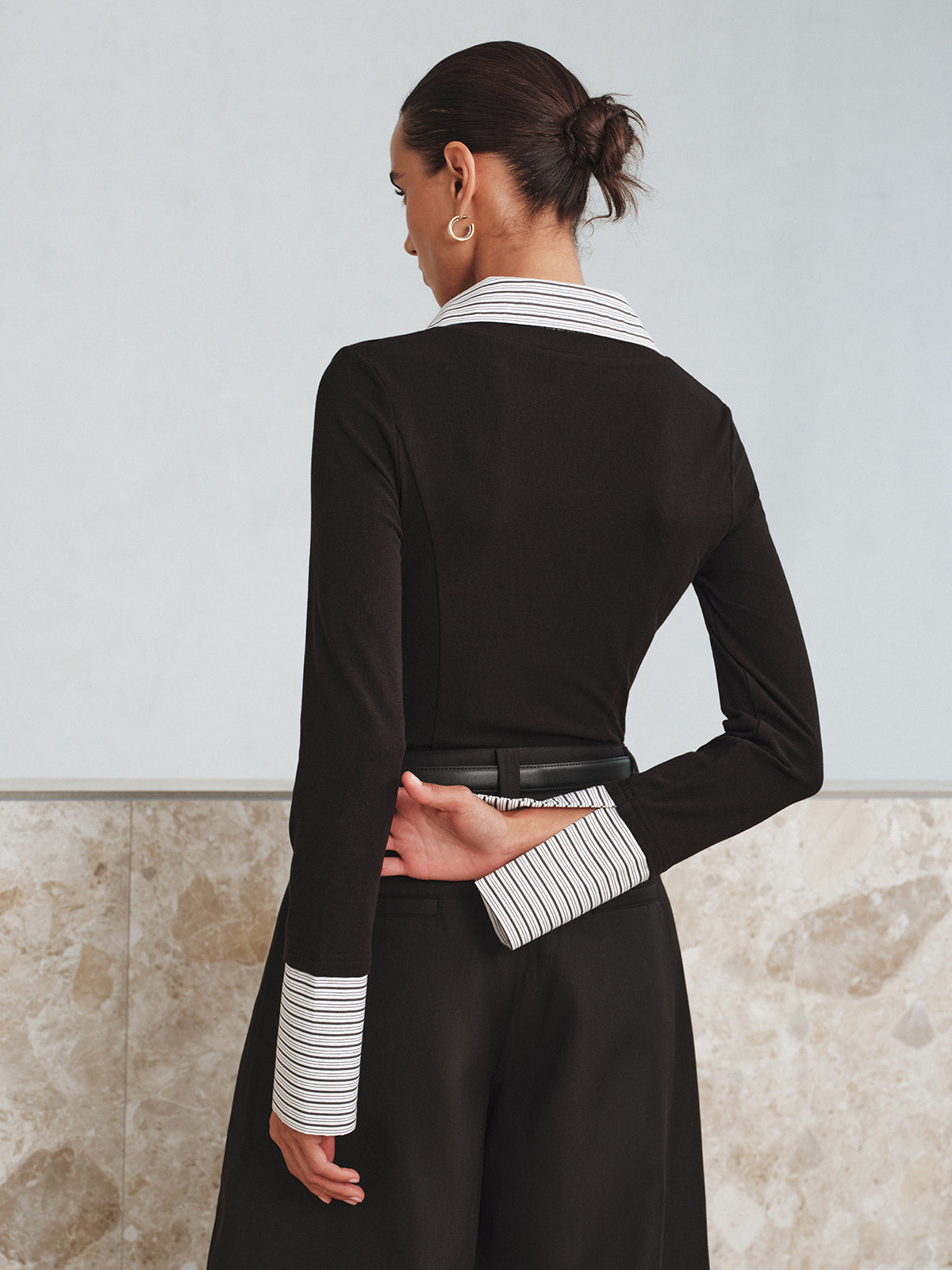 Mock Two-Piece Long-Sleeve Two Tone Polo Top for Casual Wear