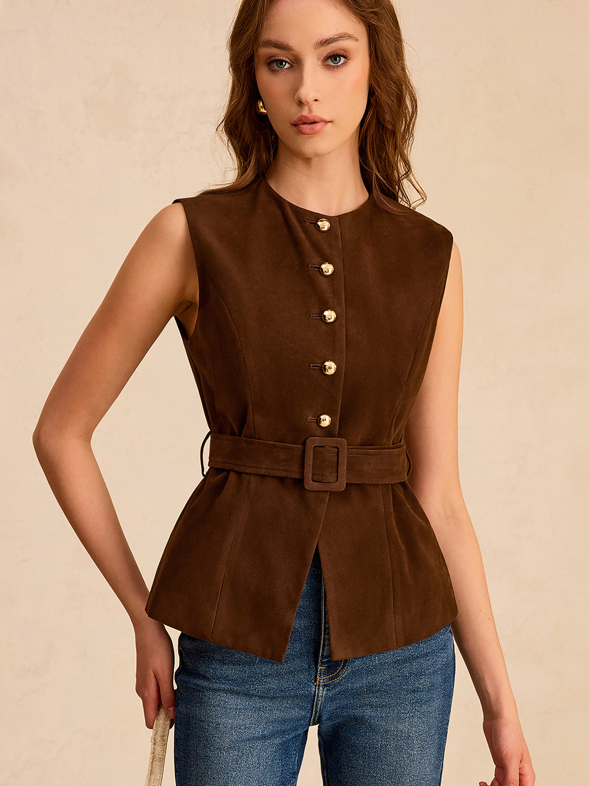 Suede Effect Vest with Belt Fashionable LightWeight Outerwear