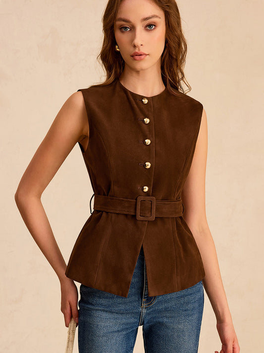 Suede Effect Vest with Belt Fashionable LightWeight Outerwear