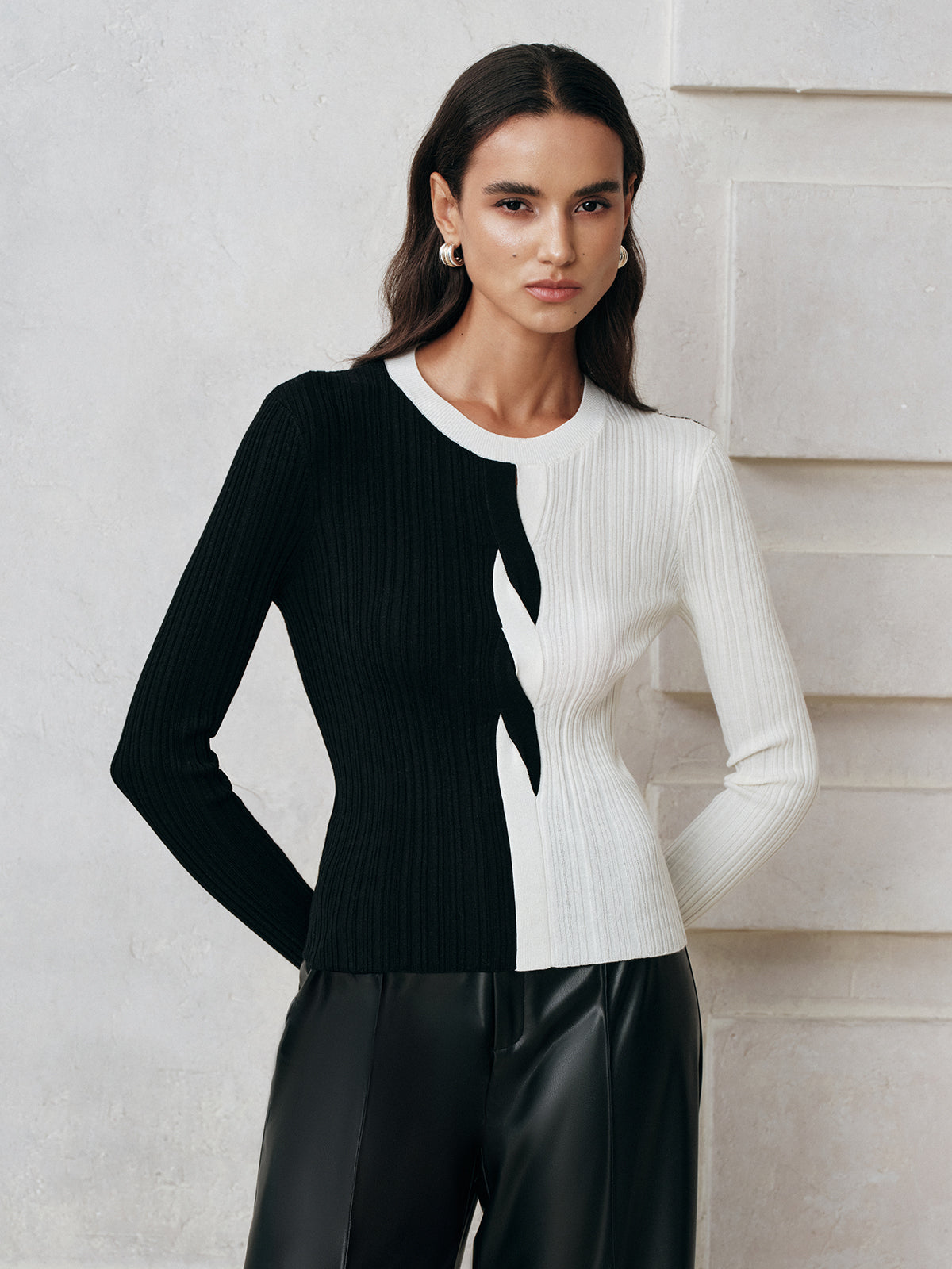 Asymmetric Color-Block Ribbed Sweater for Women Fall Fashion