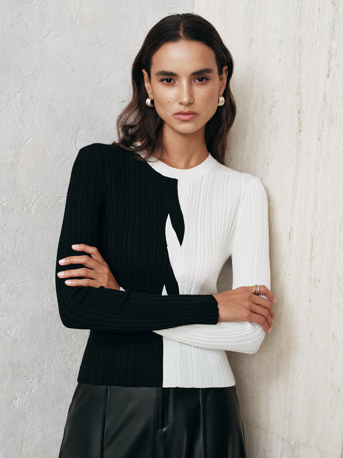 Asymmetric Color-Block Ribbed Sweater for Women Fall Fashion