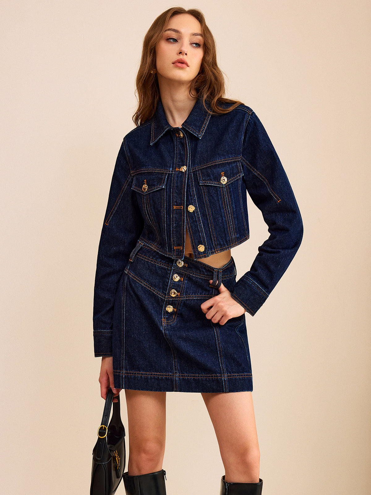 Metal Button Denim Mini Skirt with High Waist and Front Pockets